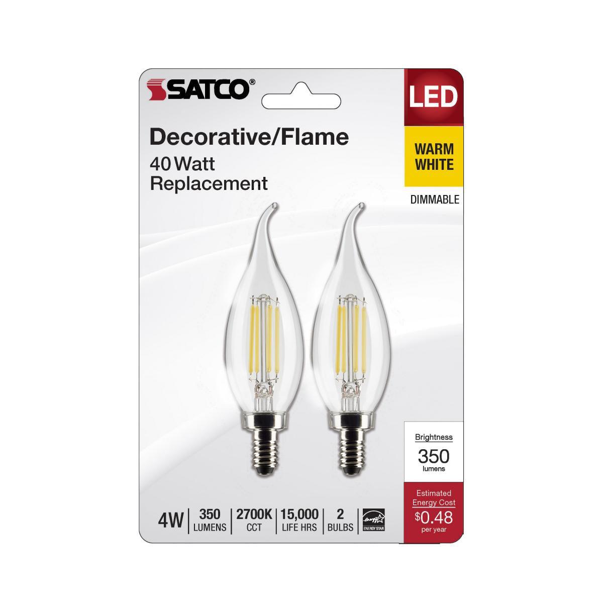 CA10 Candle Filament LED Bulb, 40W Equivalent,4 Watt, 350 Lumens, 2700K, E12 Candelabra Base, Clear Finish, Pack Of 2