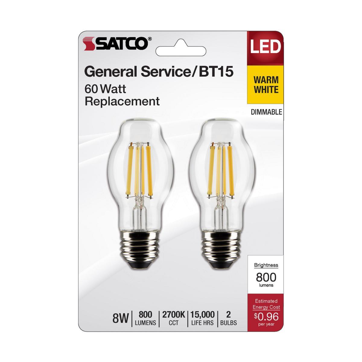 BT15 Filament LED Bulb, 8 Watts, 800lm, 60W Equal, 2700K, E26 Medium Base, Clear, Pack of 2 - Bees Lighting