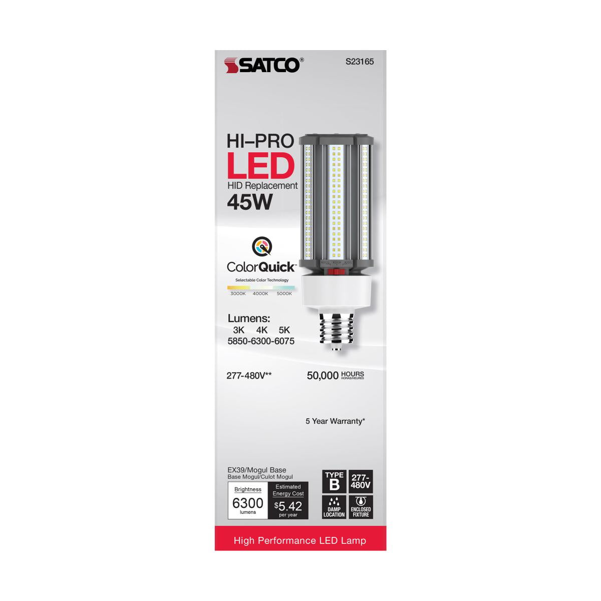 Retrofit LED Corn Bulb Omnidirectional, 45 Watts, 6300lm, Selectable CCT, EX39 Mogul, 480V - Bees Lighting