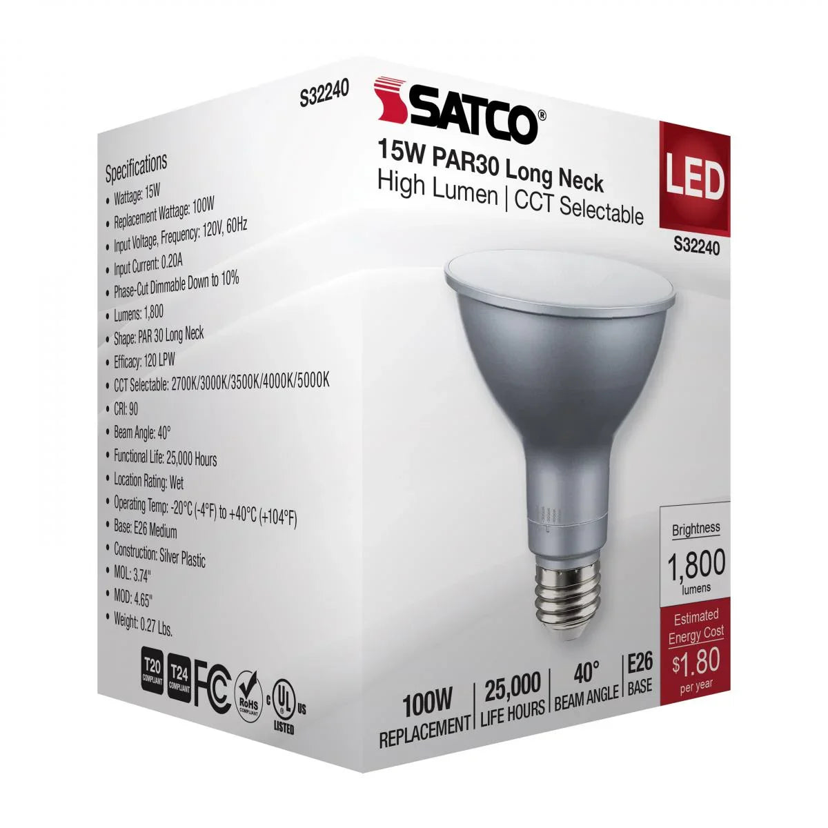 PAR30 Long Neck LED Bulb, 15W, 1800 Lumens, 27K|30K|40K|50K, E26 Base, 40° Flood, 120V - Bees Lighting