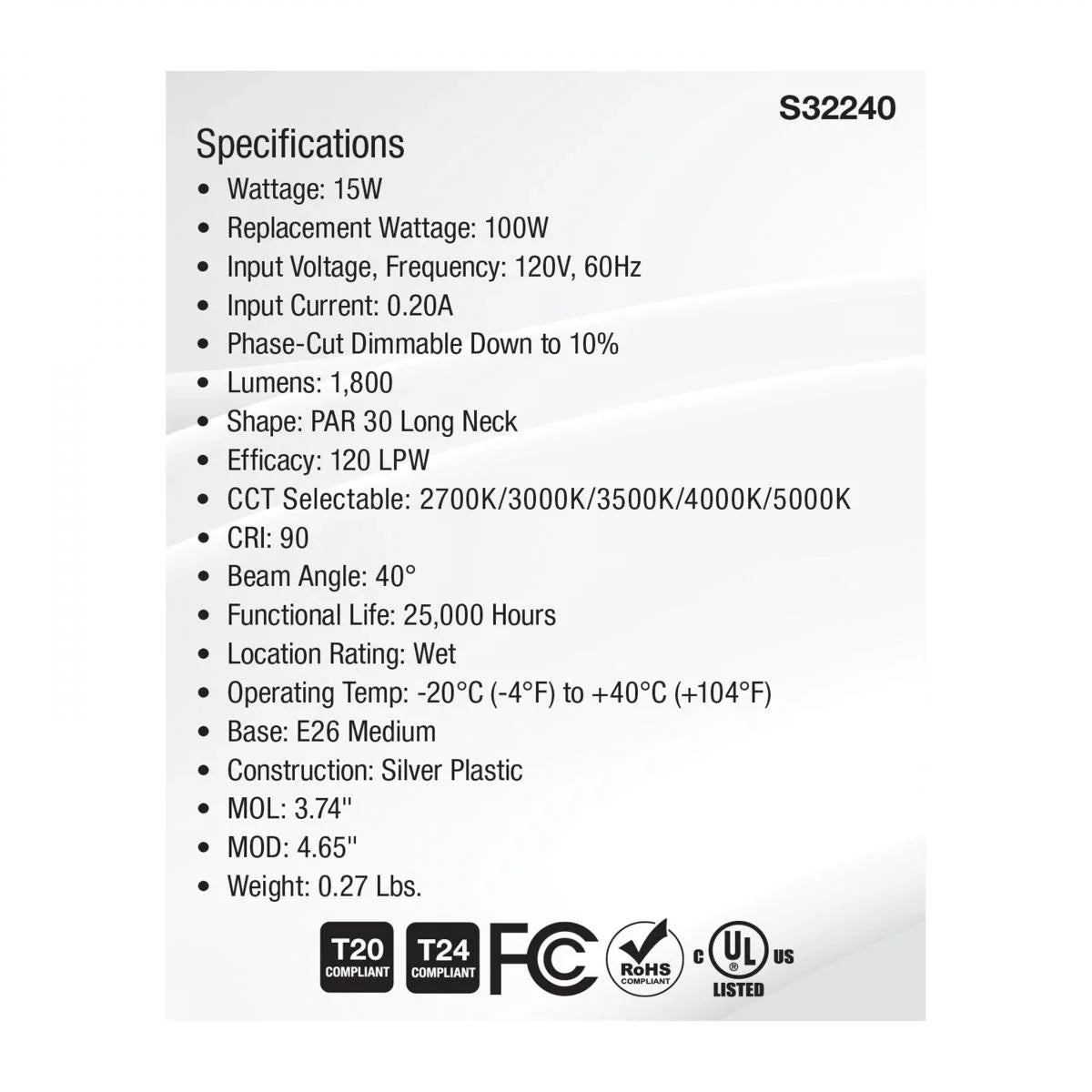 PAR30 Long Neck LED Bulb, 15W, 1800 Lumens, 27K|30K|40K|50K, E26 Base, 40° Flood, 120V - Bees Lighting