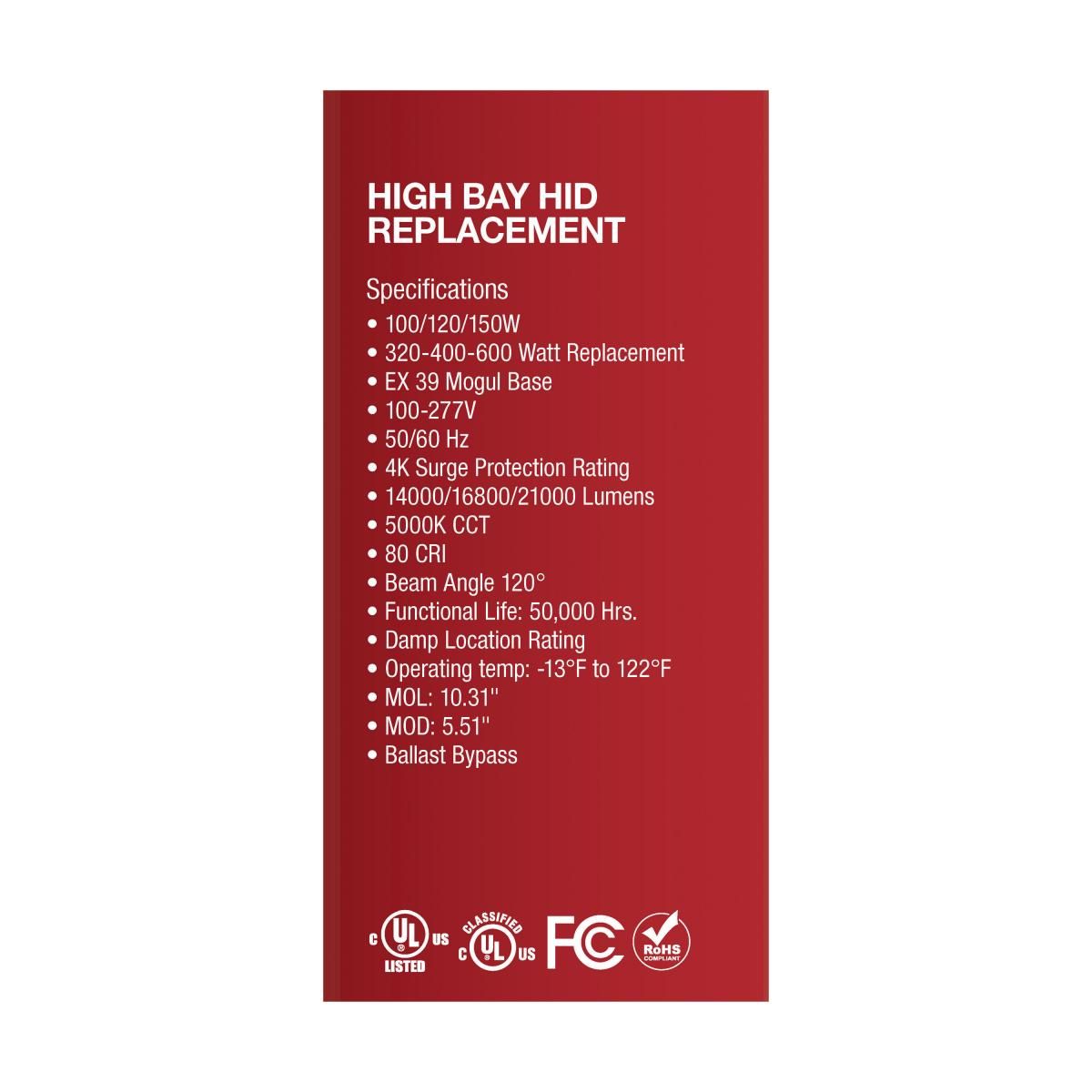 Hi-Pro LED High Bay Bulb, 100W|120W|150W, 21000 Lm, 5000K, 600W MH Equal, EX39 Mogul, 120-277V - Bees Lighting