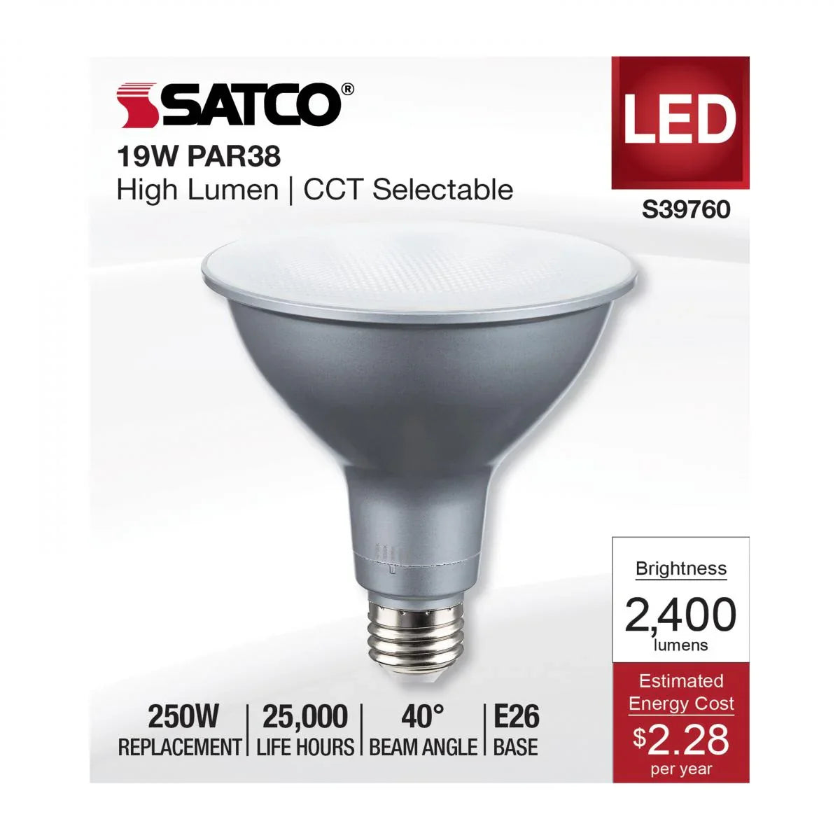 PAR38 LED Bulb, 19W, 2400 Lumens, Selectable 2700K to 5000K, E26 Base, 40° Flood, 120-277V - Bees Lighting