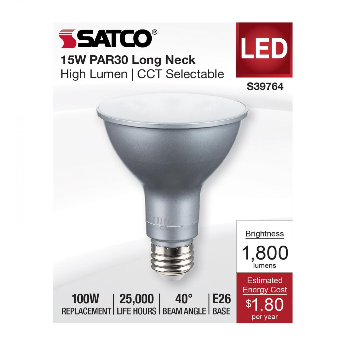 PAR30 Long Neck Reflector LED Bulb, 15 Watt, 1800 Lumens, Selectable CCT 2700K to 5000K, E26 Medium Base, 40 Deg. Flood, 120-277V