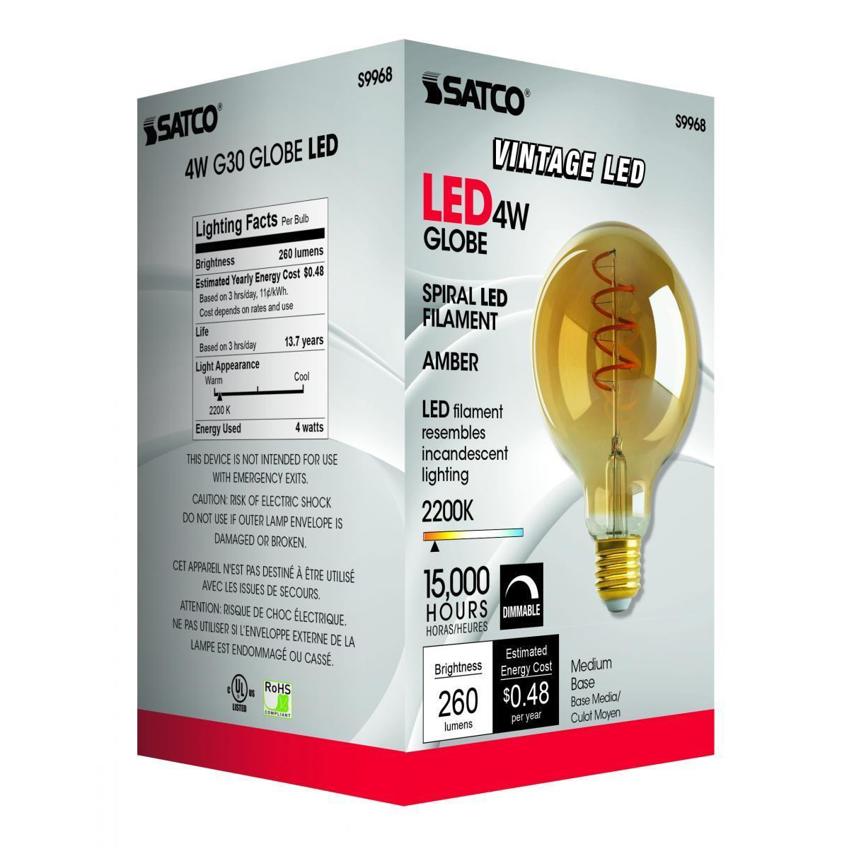 G30 Filament LED Globe Bulb, 5 Watt, 240 Lumens, 2000K, E26 Medium Base, Amber Finish - Bees Lighting