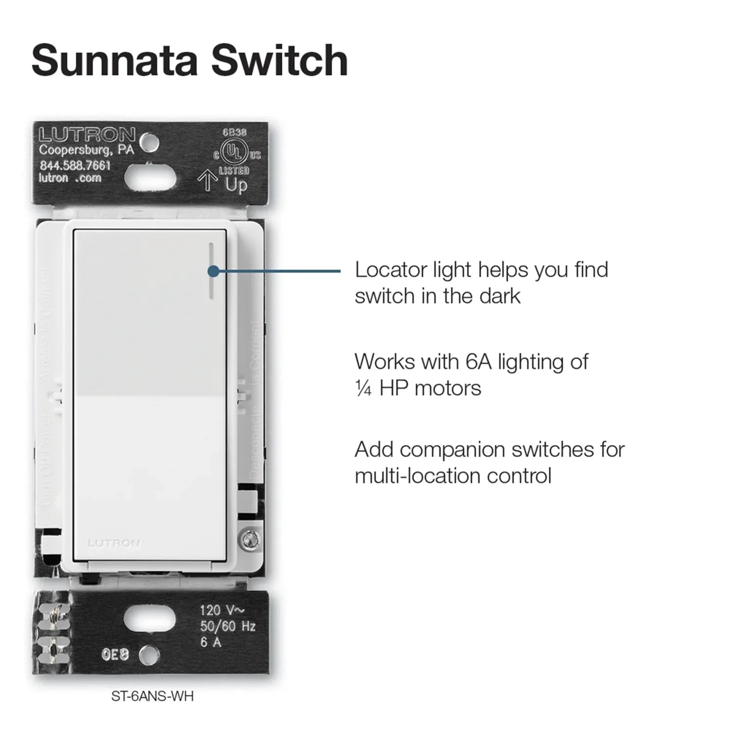 Sunnata Single Pole/Multi-Location Rocker Light Switch, White - Bees Lighting