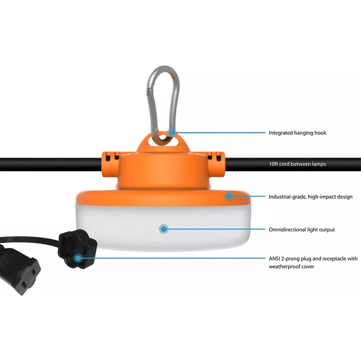 100ft Construction LED String Light For Jobsite, 16000 Lumens, Plug & Hooks - Bees Lighting