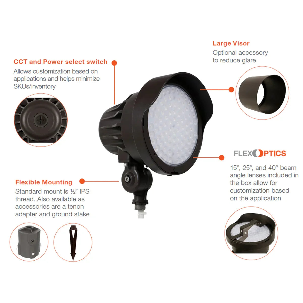 LED Bullet Spotlight, 4200Lm, 15|25|40° Flood Optics, 30K|40K|50K, 120-347V - Bees Lighting