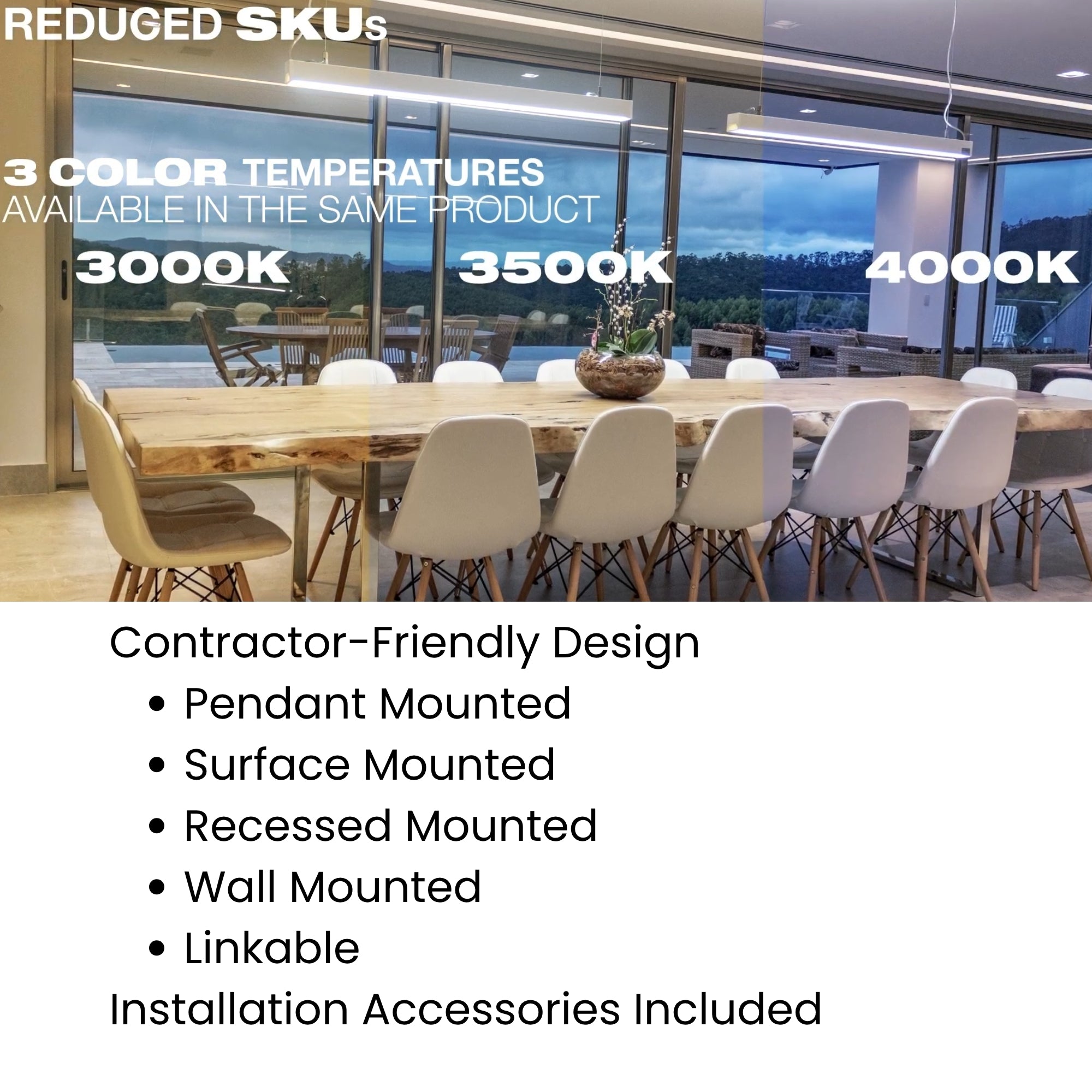 4ft LED Linear Light, 34W, 3400lm, 30K/35K/40K, 120-277V, Surface Mount