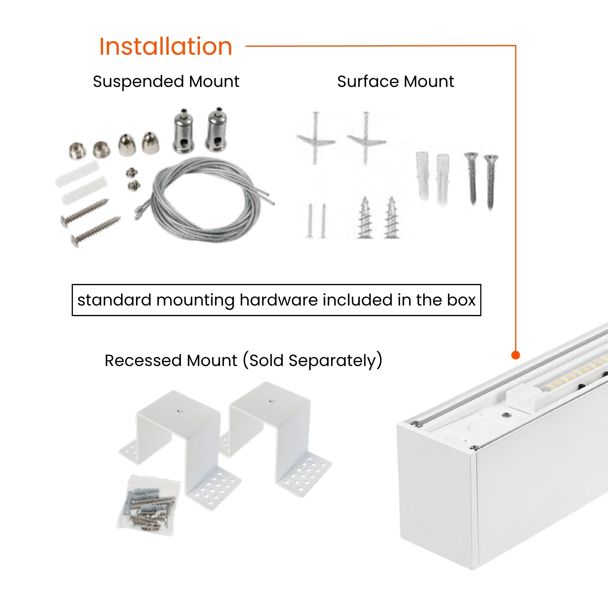 4ft LED Linear Light, 34W, 3400lm, 30K/35K/40K, 120-277V, Surface Mount