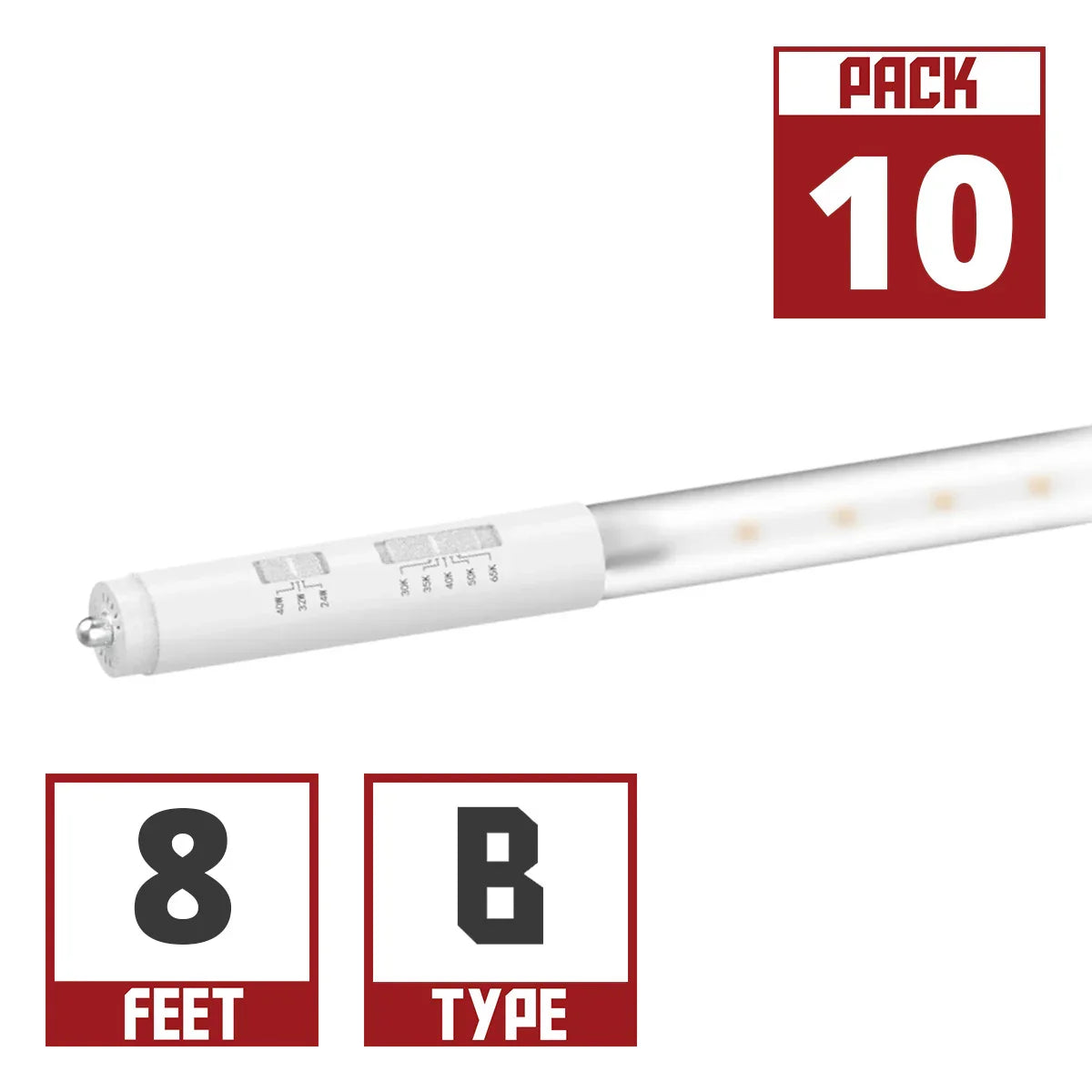8ft LED T8 Tube, 24W|32W|40W, 5400lm, 5CCT, FA8/R17d base, Clear, 10-Pack - Bees Lighting