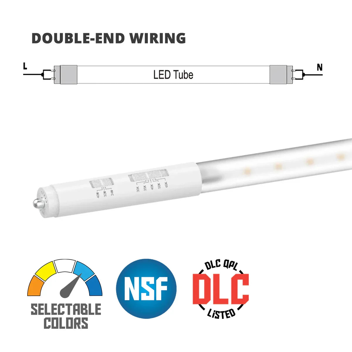 8ft LED T8 Tube, 24W|32W|40W, 5400lm, 5CCT, FA8/R17d base, Clear, 10-Pack - Bees Lighting