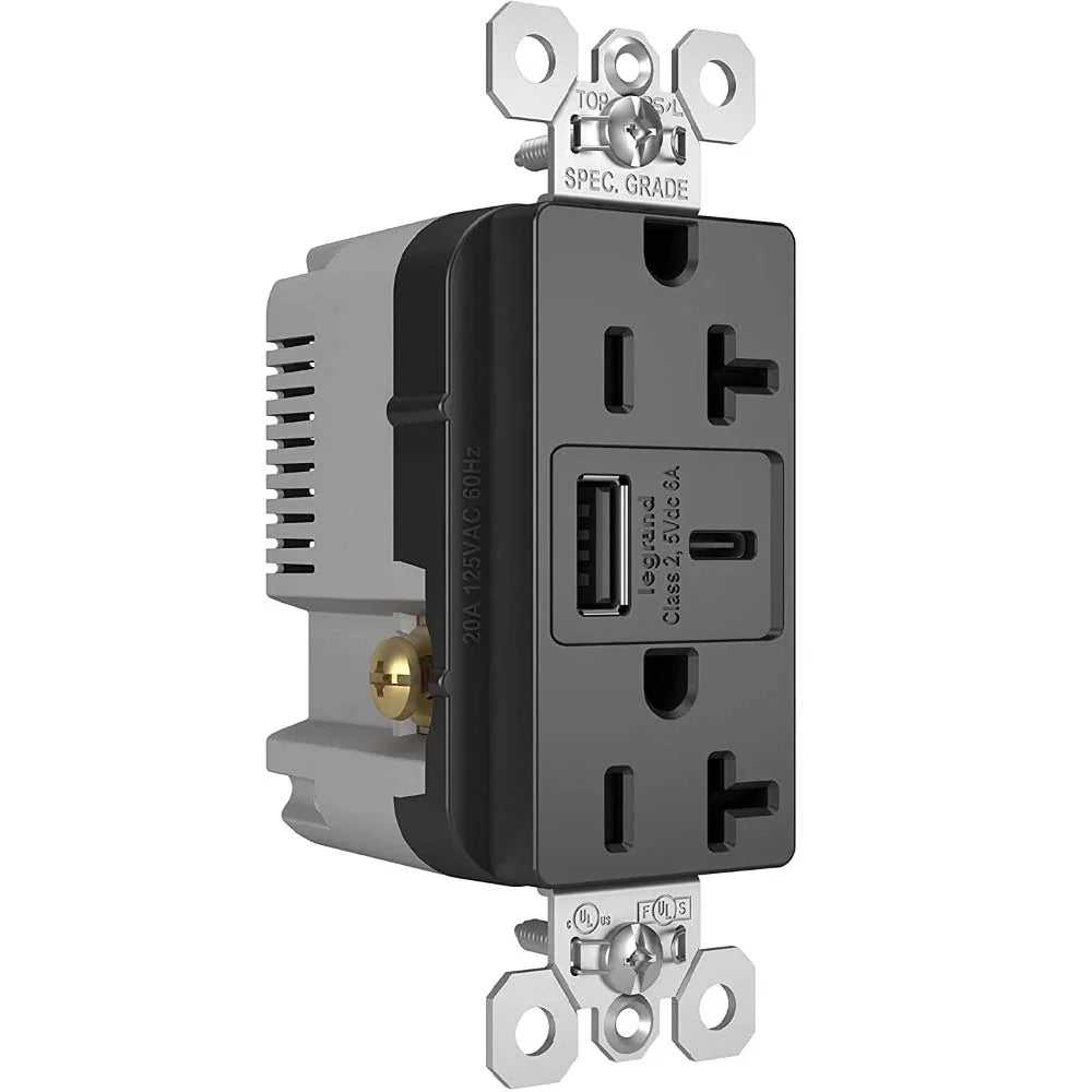 Tamper Resistant 20A Duplex Receptacle with USB Type A/C Fast Charging, Black - Bees Lighting