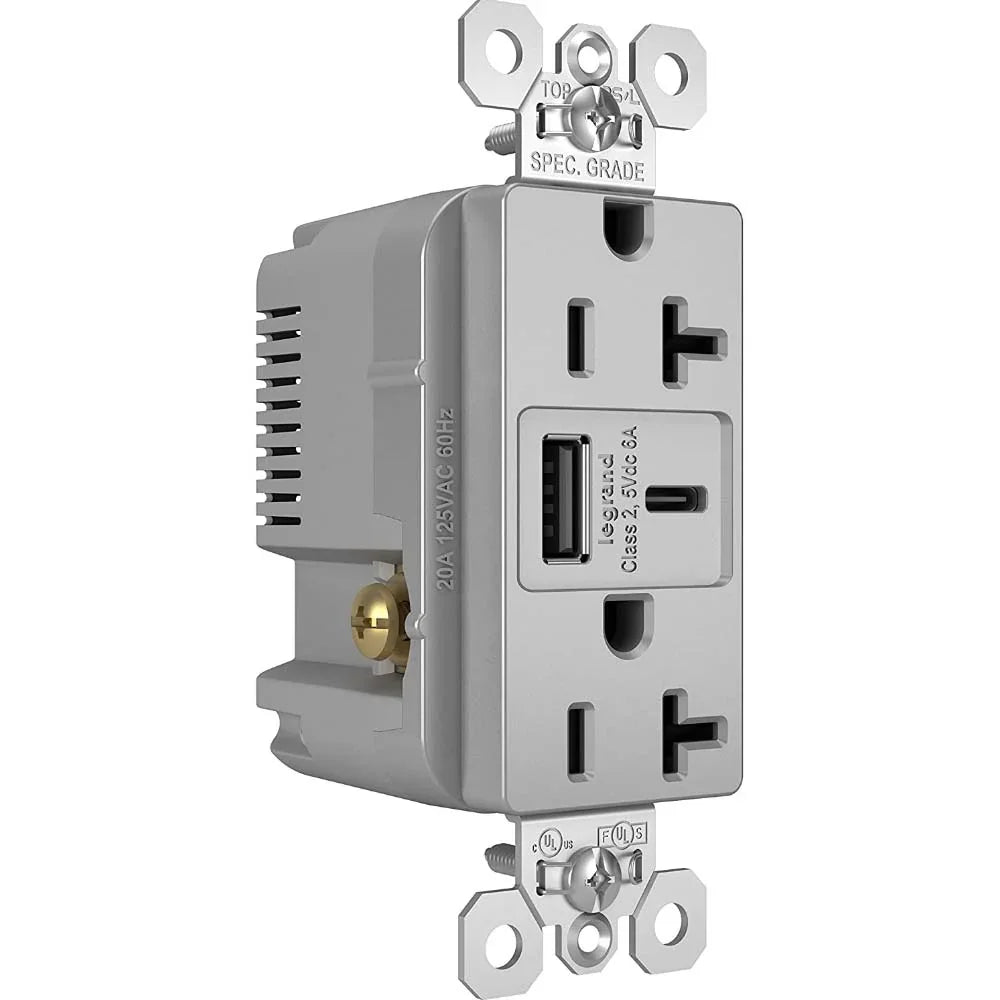 Tamper Resistant 20A Duplex Receptacle with USB Type A/C Fast Charging, Gray - Bees Lighting