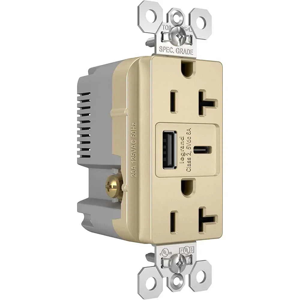 Tamper Resistant 20A Duplex Receptacle with USB Type A/C Fast Charging, Ivory - Bees Lighting