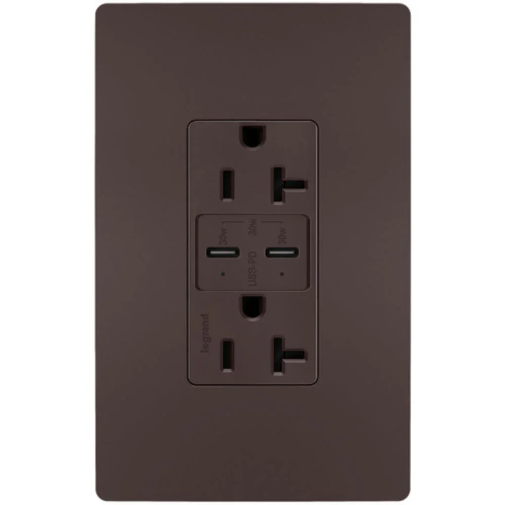 radiant 20A Tamper Resistant Outlet with PLUS Power Delivery USB Type C/C, Dark Bronze - Bees Lighting