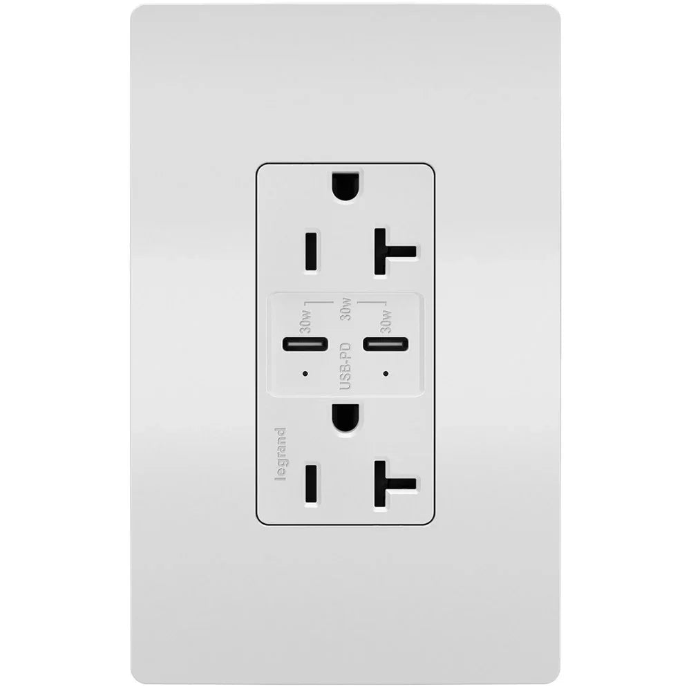 radiant 20A Tamper Resistant Outlet with PLUS Power Delivery USB Type C/C, White - Bees Lighting