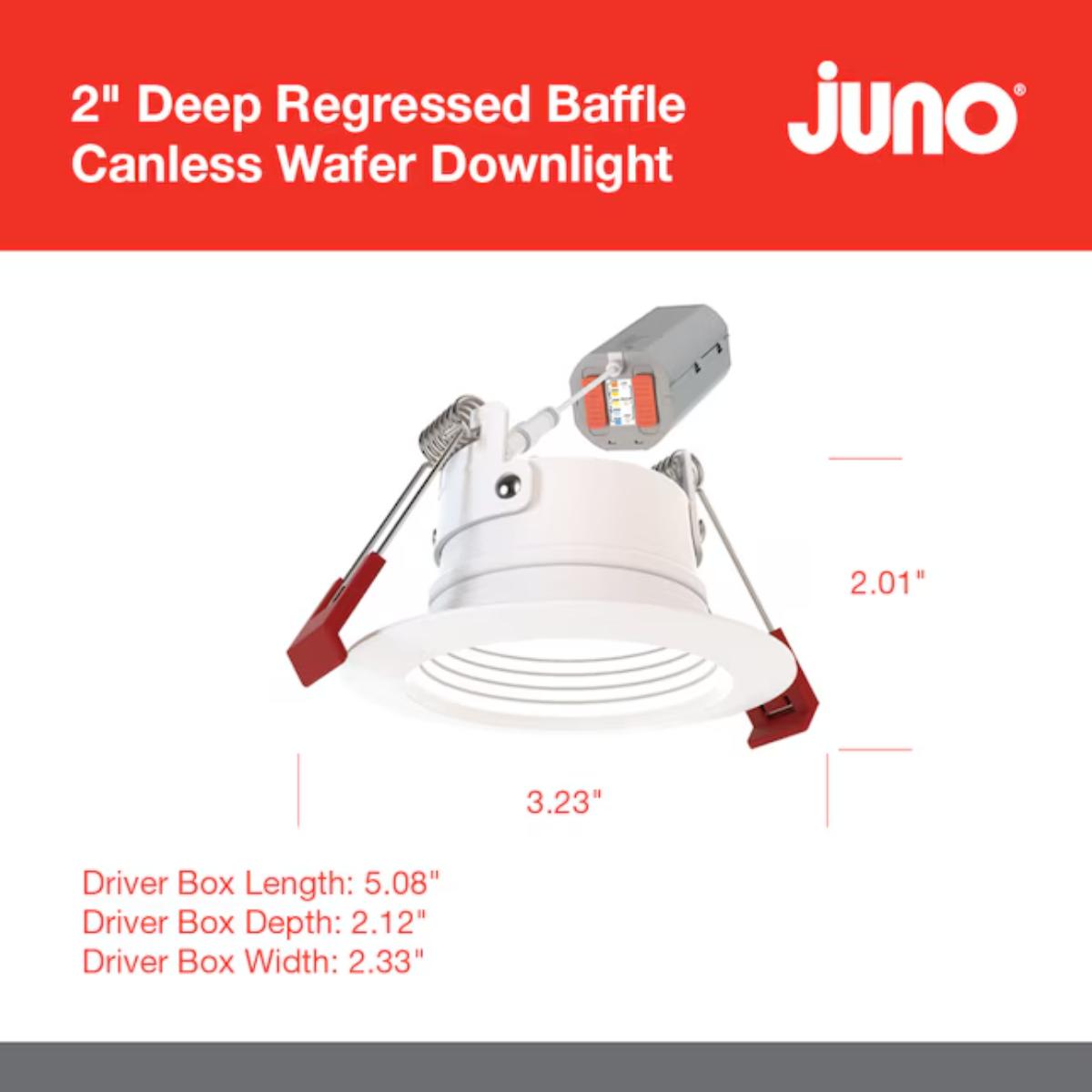 Juno Lighting WF2-DREG-B-ALO25-SWW5-90CRI-120-MW-M6 2 inch Wafer Canless LED Recessed Light, 10 Watt, Adjustable 544/725/907 Lumens, Selectable CCT, 2700K to 5000K, Baffle Trim