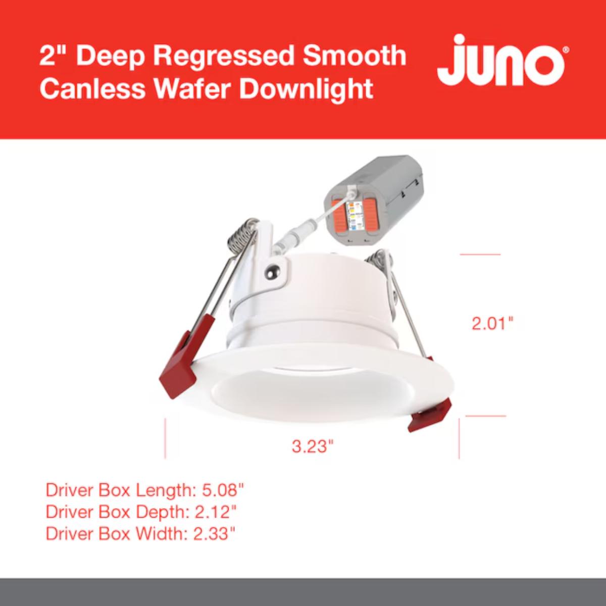 Juno Lighting WF2-DREG-SM-ALO25-SWW5-90CRI-120-MW-M6 2 inch Wafer Canless LED Recessed Light, 10 Watt, Adjustable 544/725/907 Lumens, Selectable CCT, 2700K to 5000K, Smooth Trim