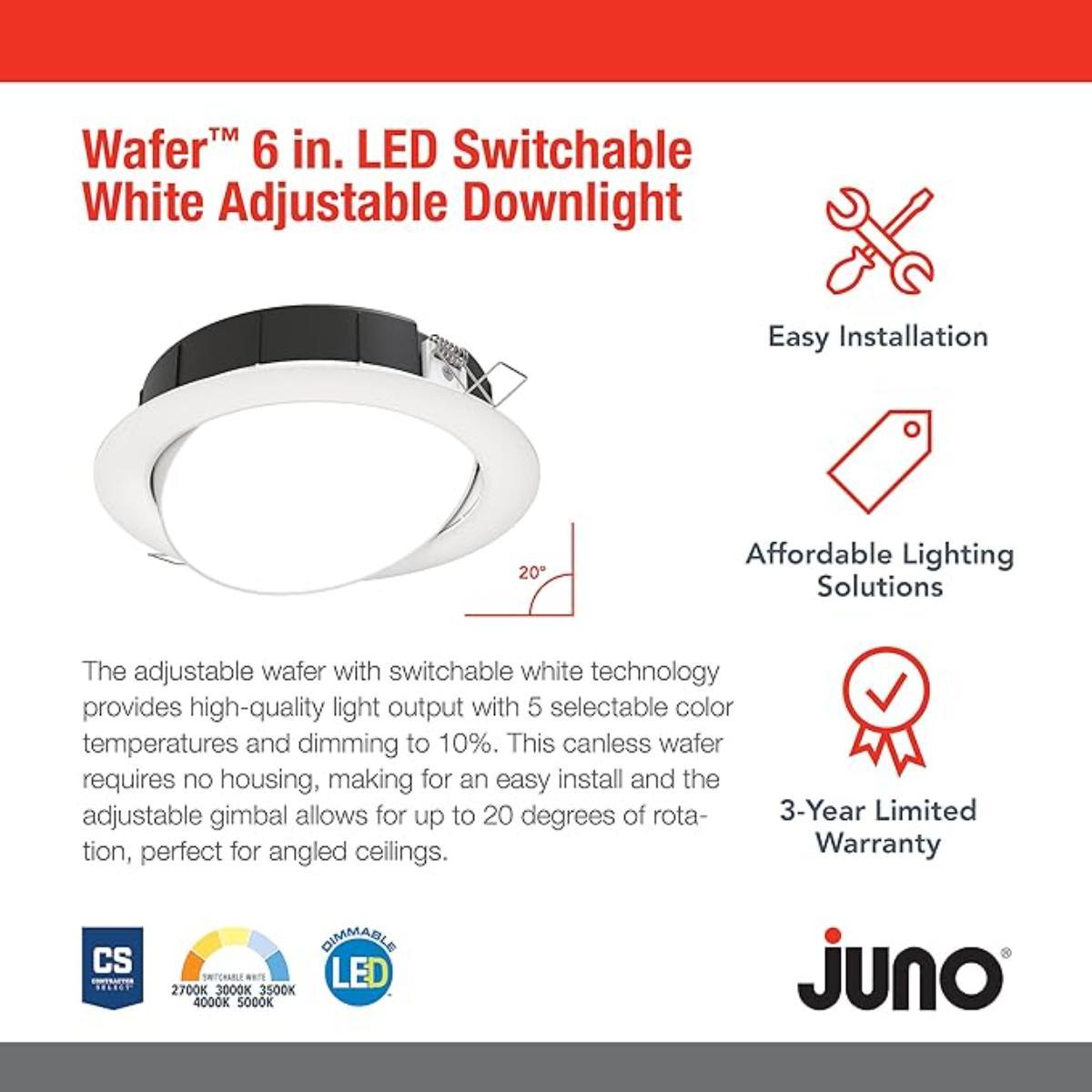 6 in. Wafer Adjustable LED Recessed Light, 1000 Lumens, Selectable CCT, 2700K to 5000K, White Finish - Bees Lighting