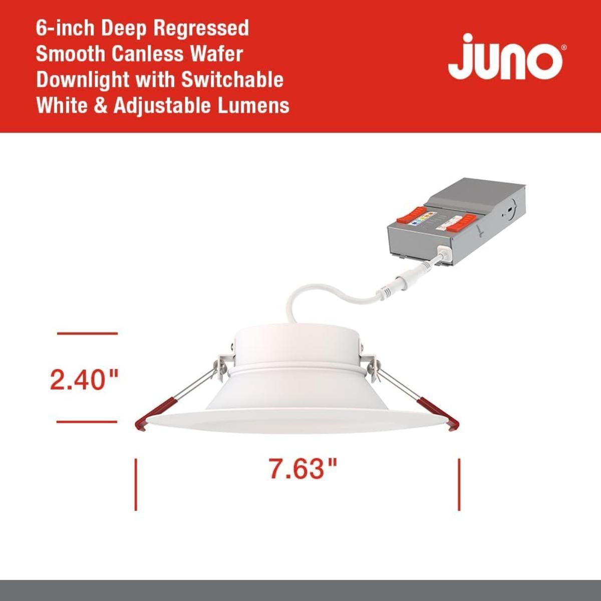 6 inch Deep Regress LED Canless Wafer Downlight, 16 Watt, Adjustable 800/1050/1300 Lumens, Selectable CCT, 2700K to 5000K, Smooth Trim
