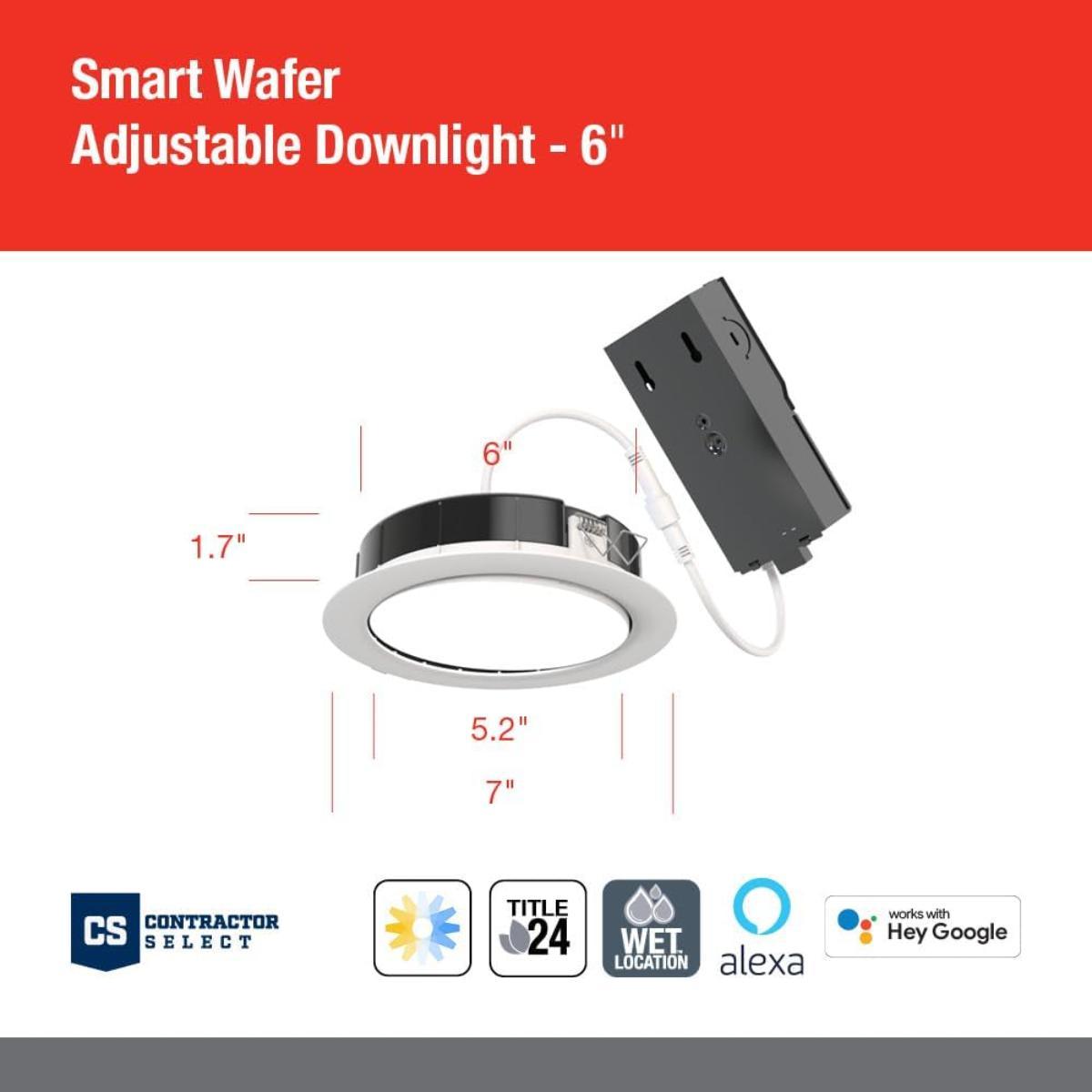 6 In. Smart Wafer Canless LED Downlight, 14 Watt, 1150 Lumens, Tunable White 2700K to 5000K, Adjustable Trim - Bees Lighting