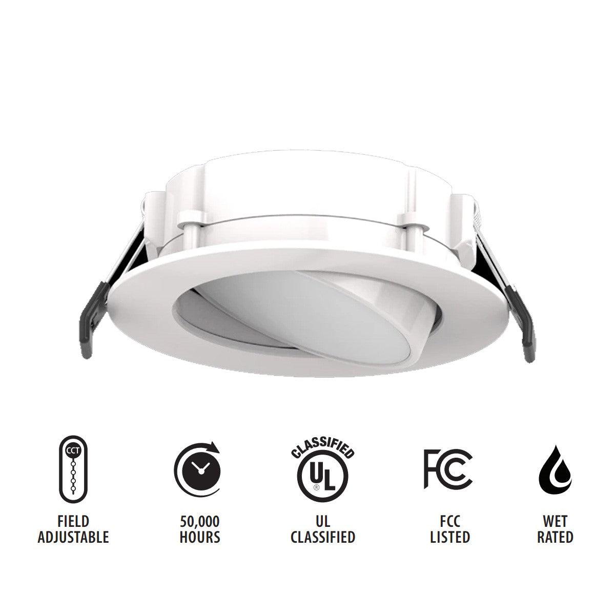 6 In. Adjustable Wafer Canless LED Recessed Light, 12 Watt, 1100 Lumens, Selectable CCT, 2700K to 5000K, Smooth Trim - Bees Lighting