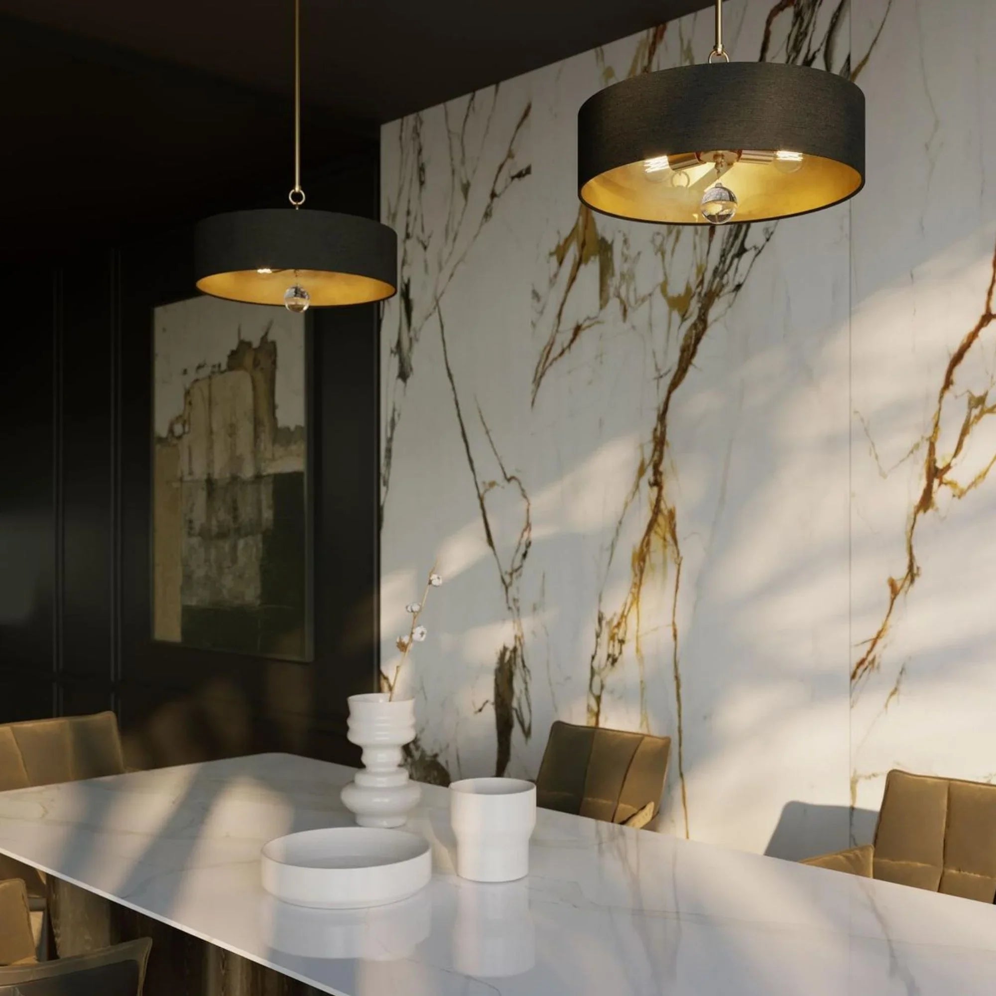 Celine 18'' 3-Light Convertible Pendant Light, Satin Brass Finish with Black/Gold shade - Bees Lighting