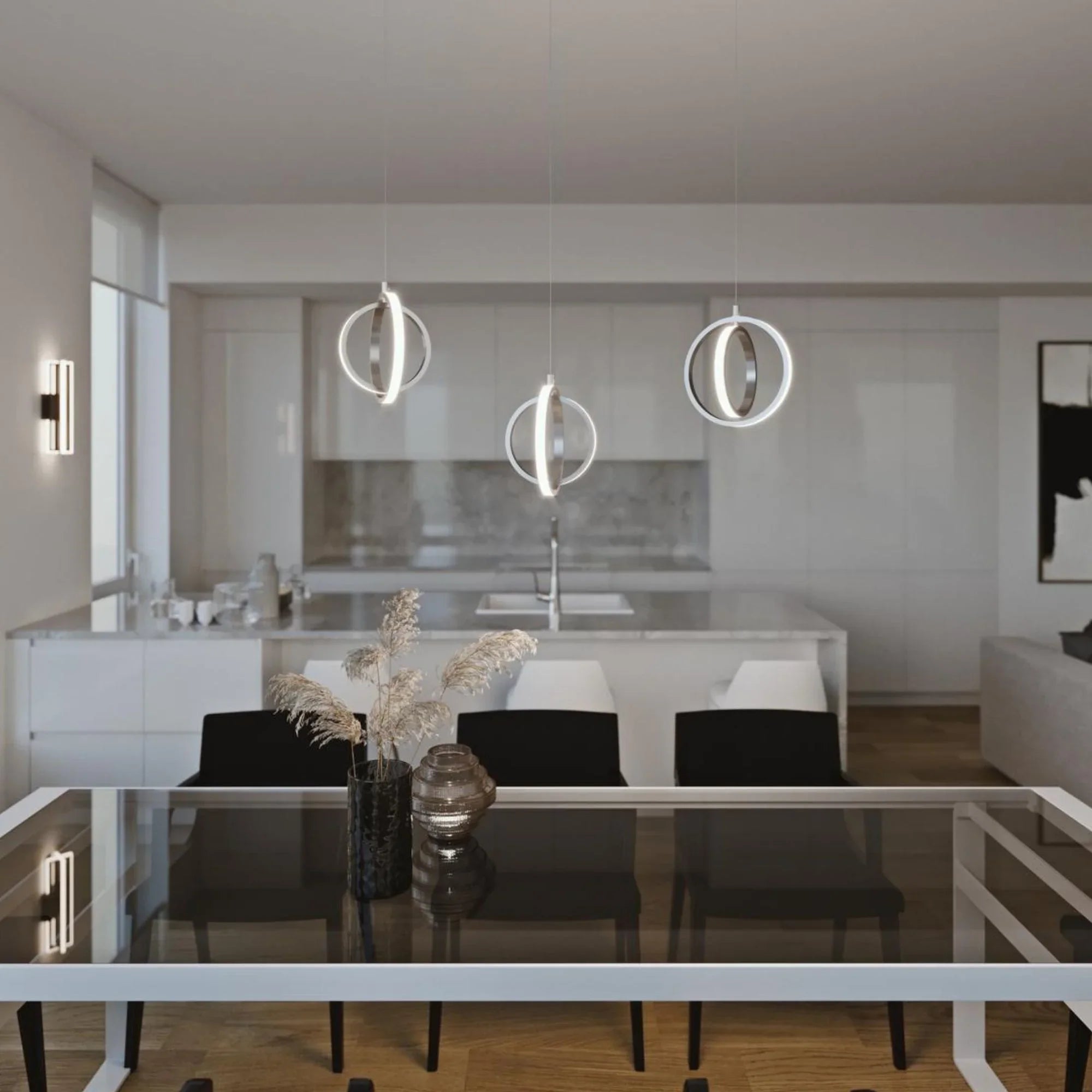 Lock 23" LED Multi-Port Pendant, Satin Nickel Finish - Bees Lighting