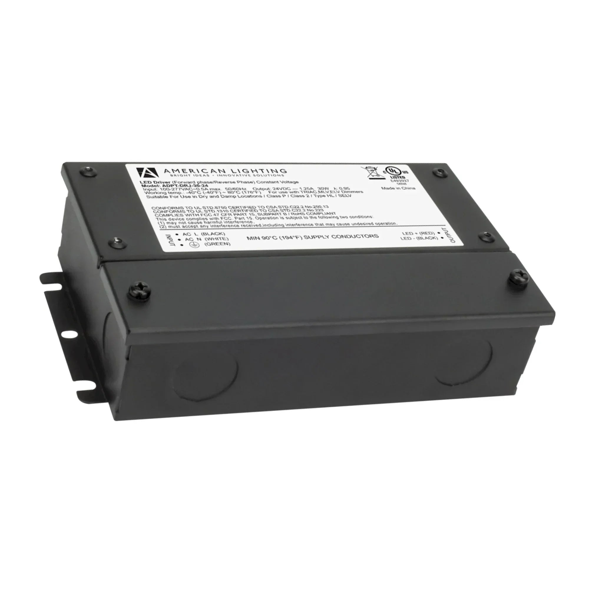 Adaptive 30W 24VDC Dimmable LED Driver with Junction Box, Class 2, 120-277V