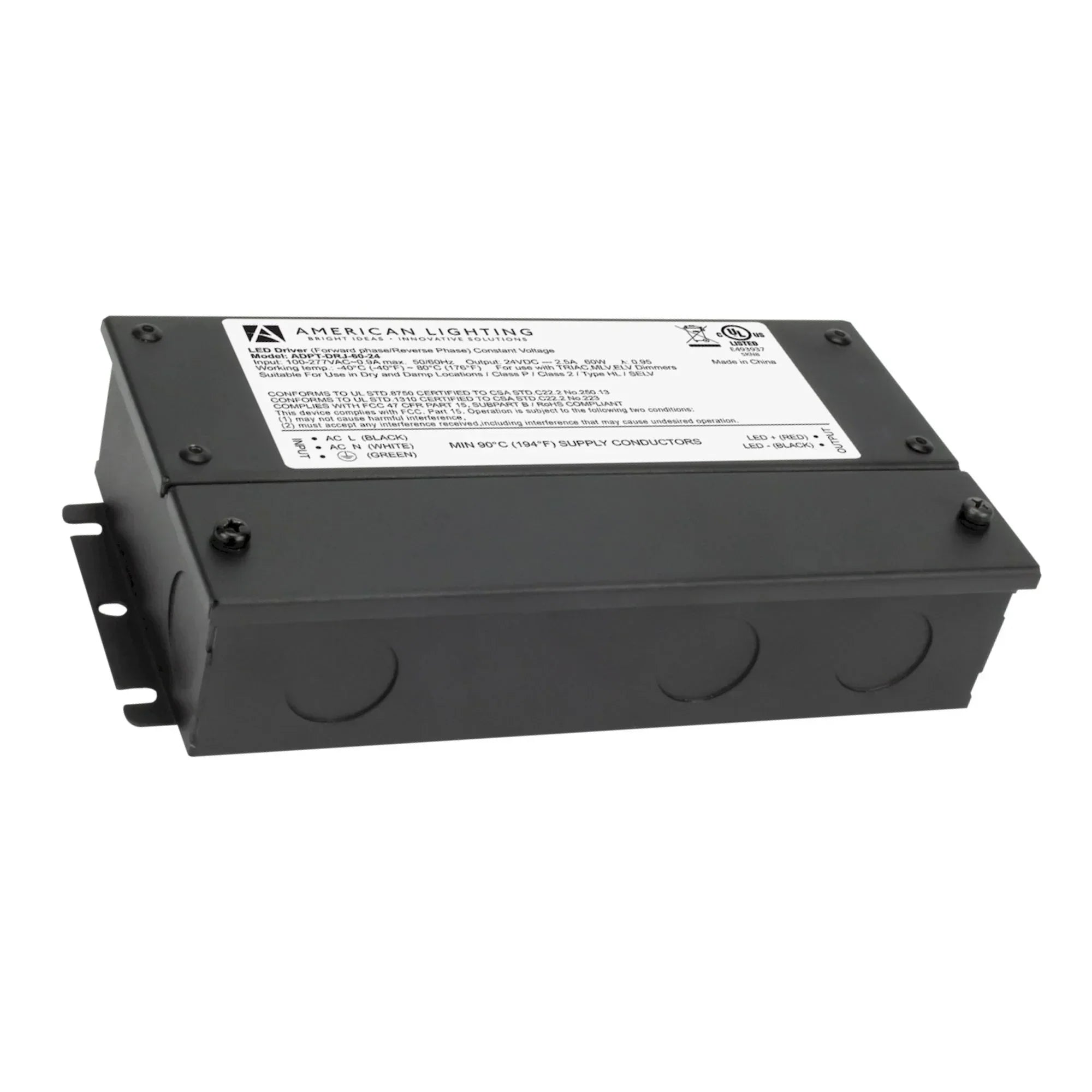 Adaptive 60W 24VDC Dimmable LED Driver with Junction Box, Class 2, 120-277V