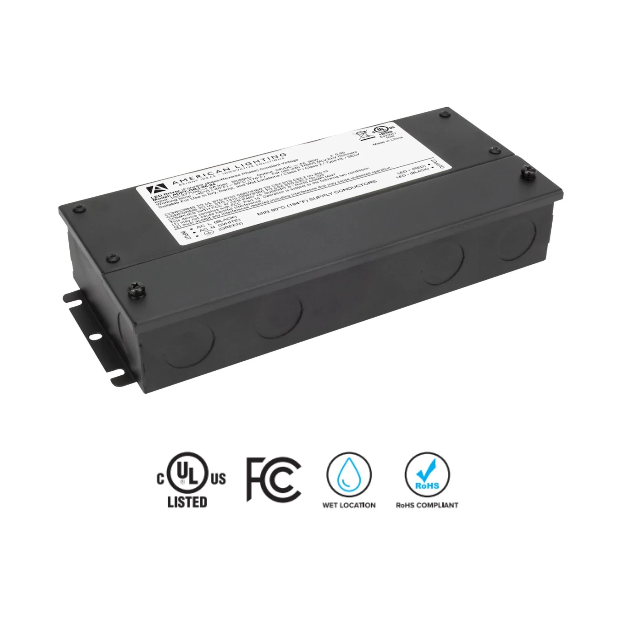 Adaptive 96W 24VDC Dimmable LED Driver with Junction Box, Class 2, 120-277V