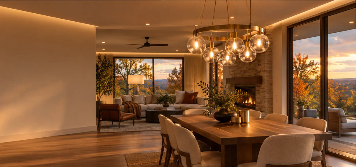 Warmly lit dining and living room with a glass globe chandelier, ceiling cove lighting, and autumn foliage visible through large windows.