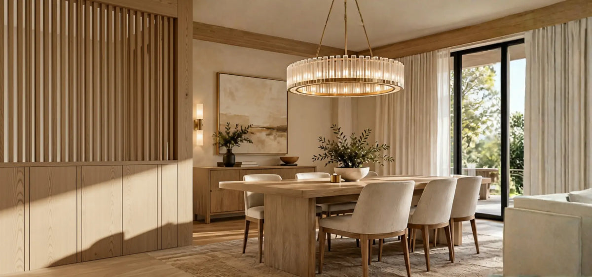 Gold-finish chandelier with vertical glass panels above a wooden dining table, with a glowing wall sconce in a sunlit dining room.