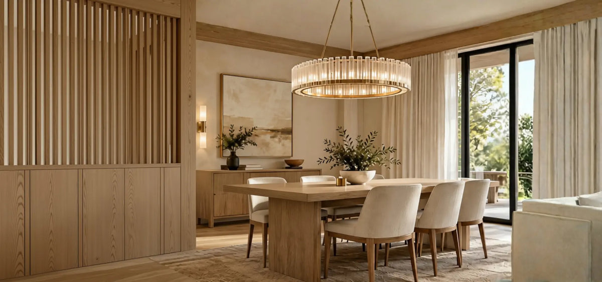 Gold-finish chandelier with vertical glass panels above a wooden dining table, with a glowing wall sconce in a sunlit dining room.