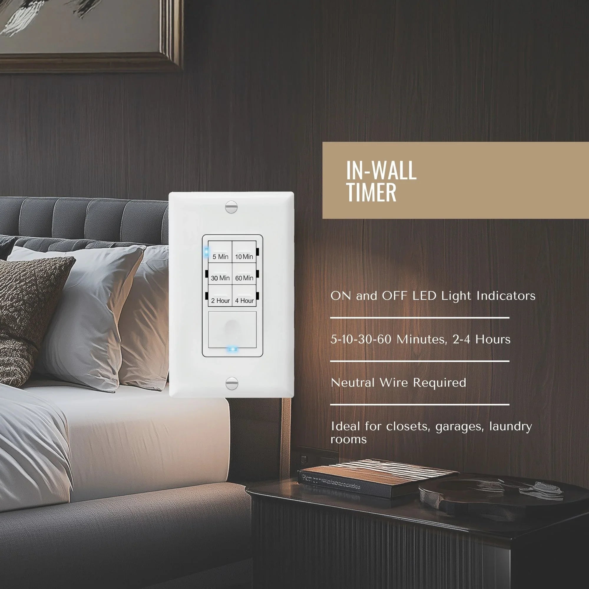 In-Wall Preset Countdown Timer Switch, 4-Hour 7-Button, 800 Watts, White - Bees Lighting