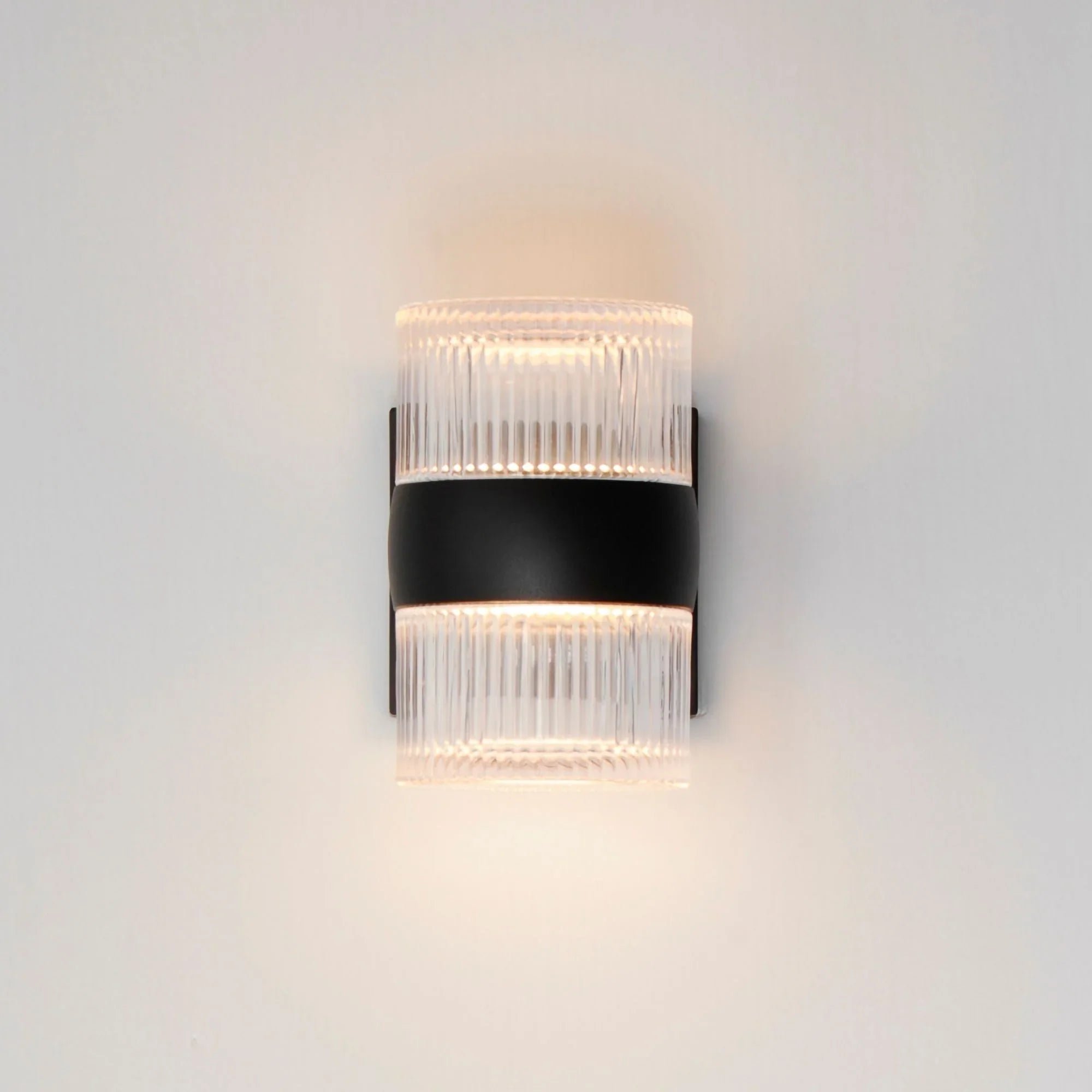 Modular 8" 2-Light LED Outdoor Wall Sconce, Black Finish with Clear Ribbed Glass