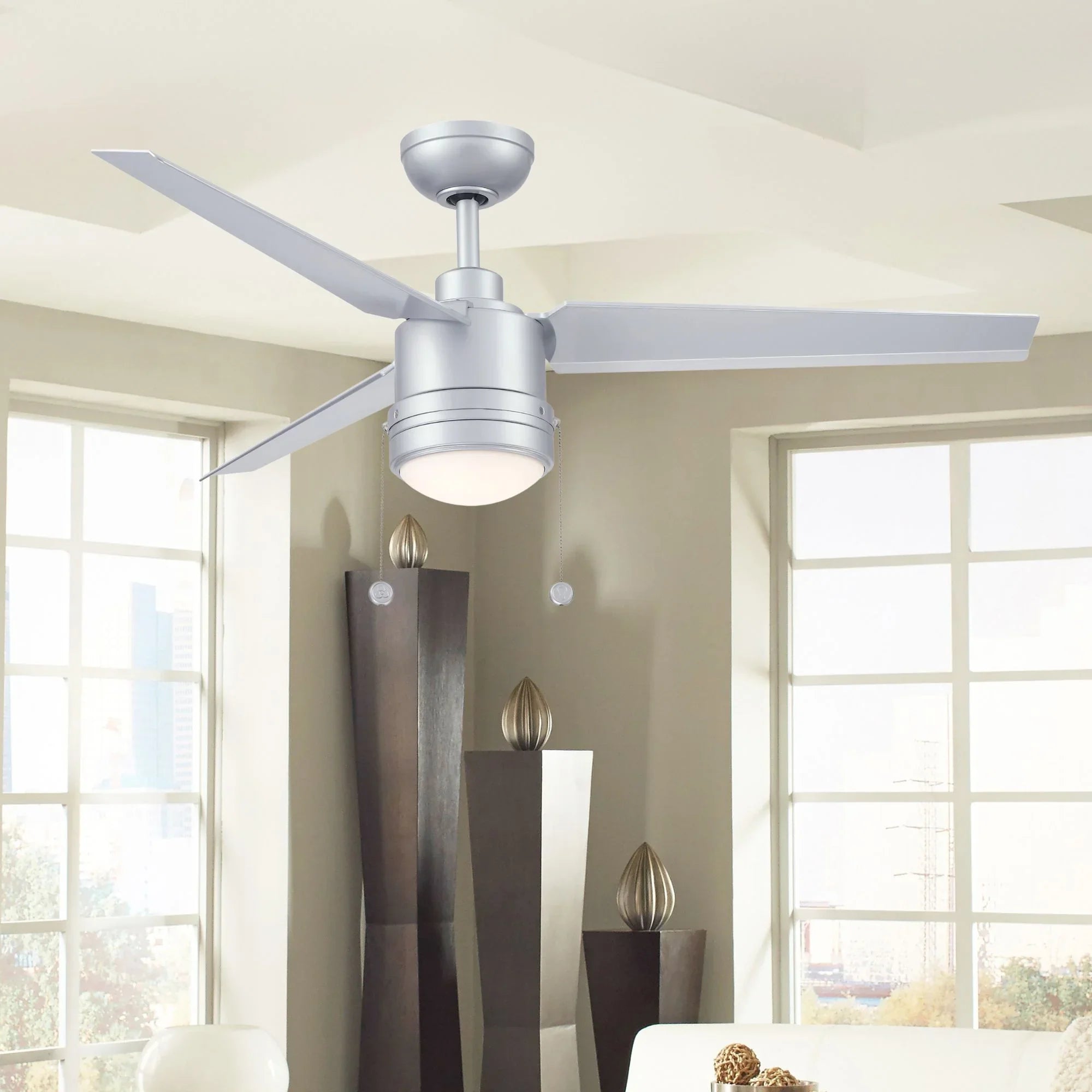 PC/DC L 52" Outdoor Silver LED Ceiling Fan with Pull Chain - Bees Lighting