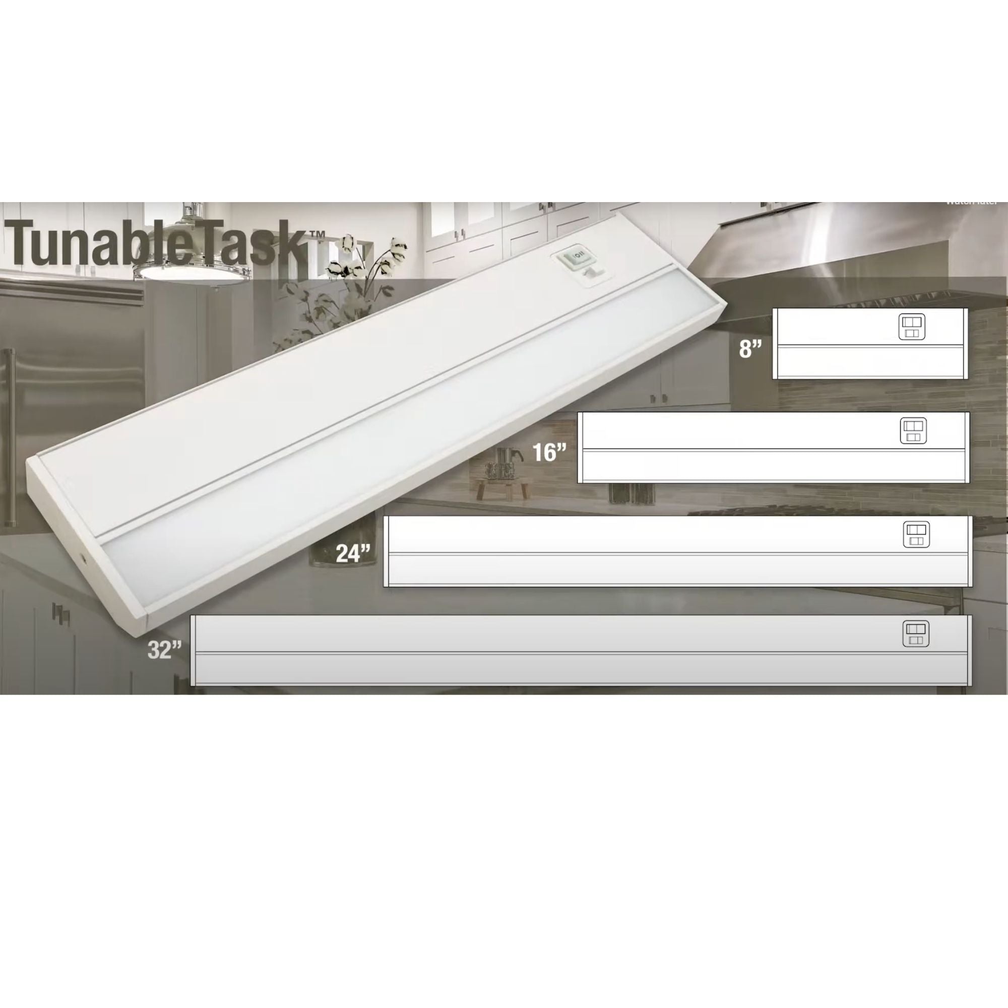 TunableTask 24" Adjustable Kelvin LED Under Cabinet Light, 1125 Lm, 2700K to 5000K, 120V, White - Bees Lighting