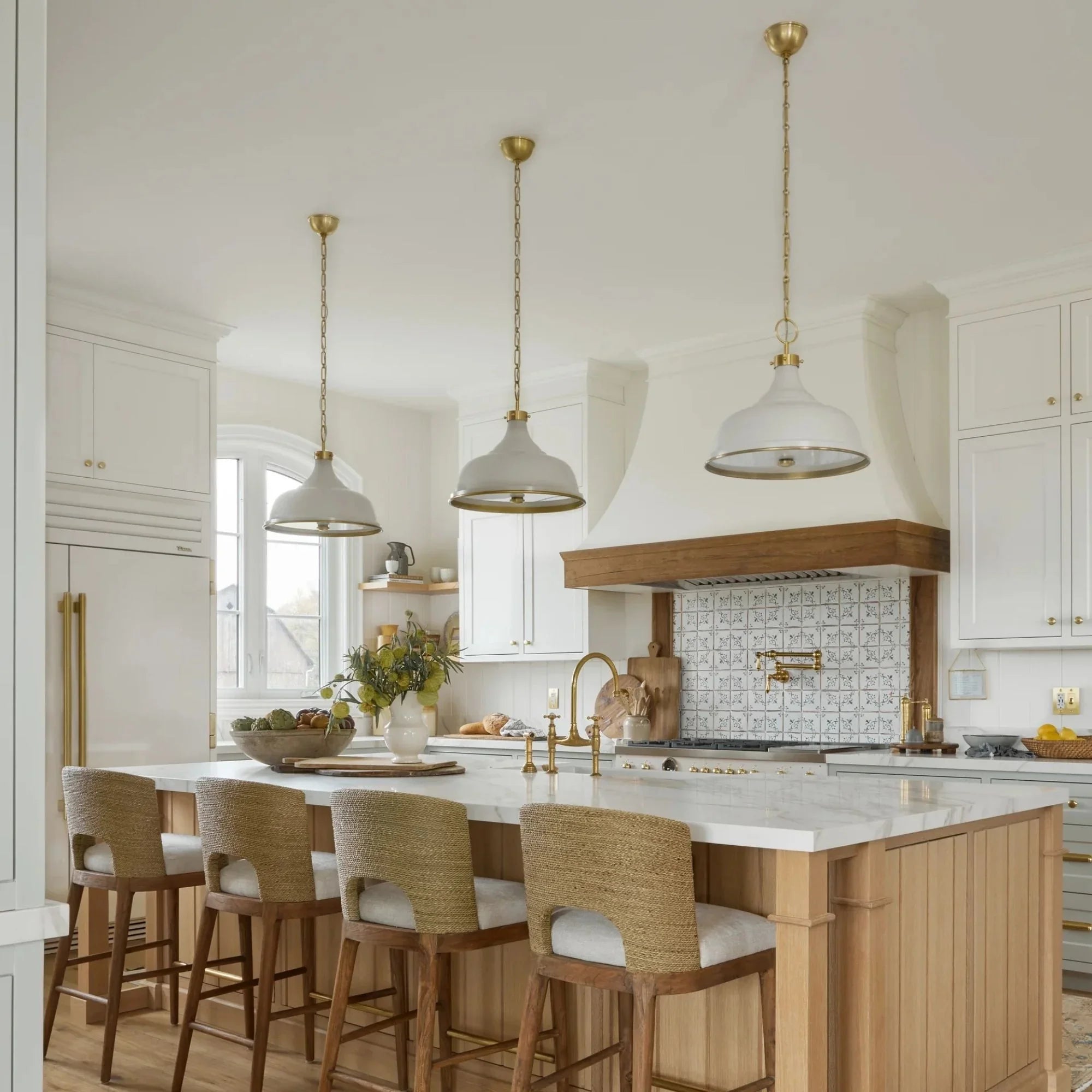 Painted No.1 18" 3-Light Pendant, Aged Brass/Off White Finish