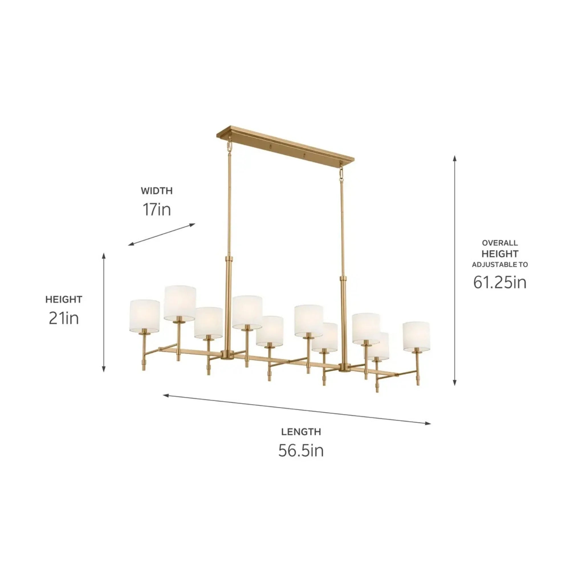 Ali 57" 10-Light Linear Chandelier, Brushed Natural Brass Finish