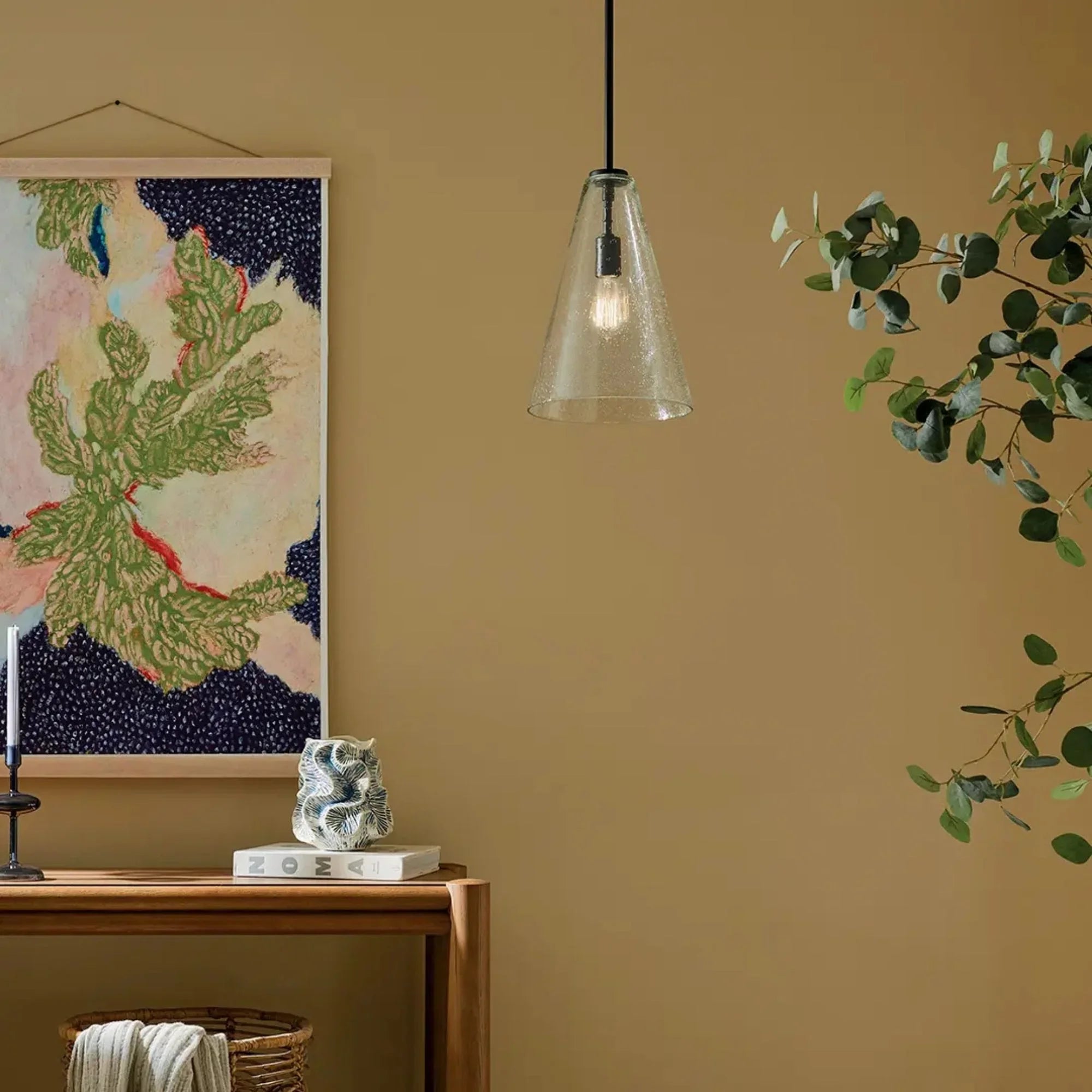 Everly 10" Cone Pendant, Black Finish, Clear Seeded Glass