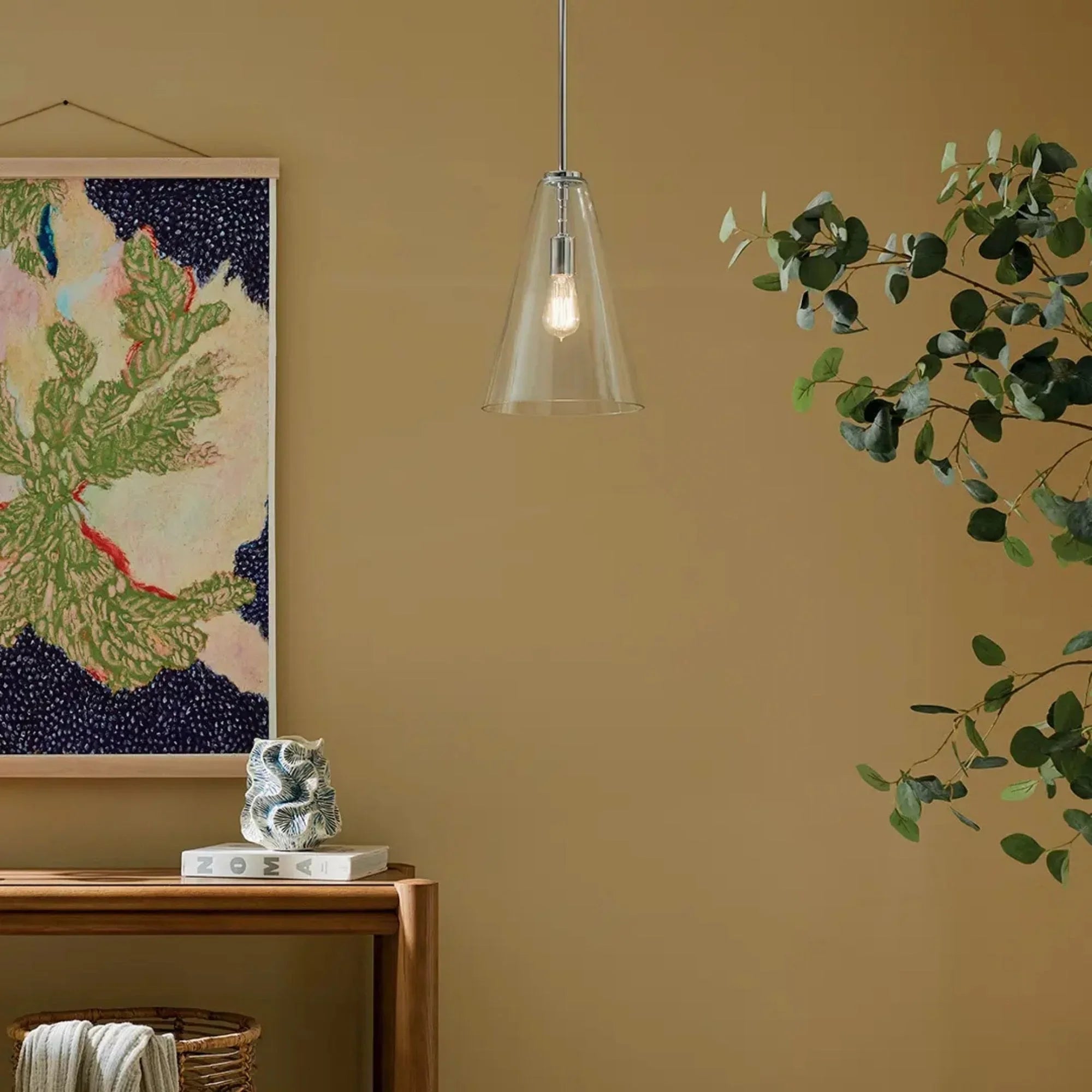 Everly 10" Cone Pendant, Brushed Nickel Finish, Clear Seeded Glass