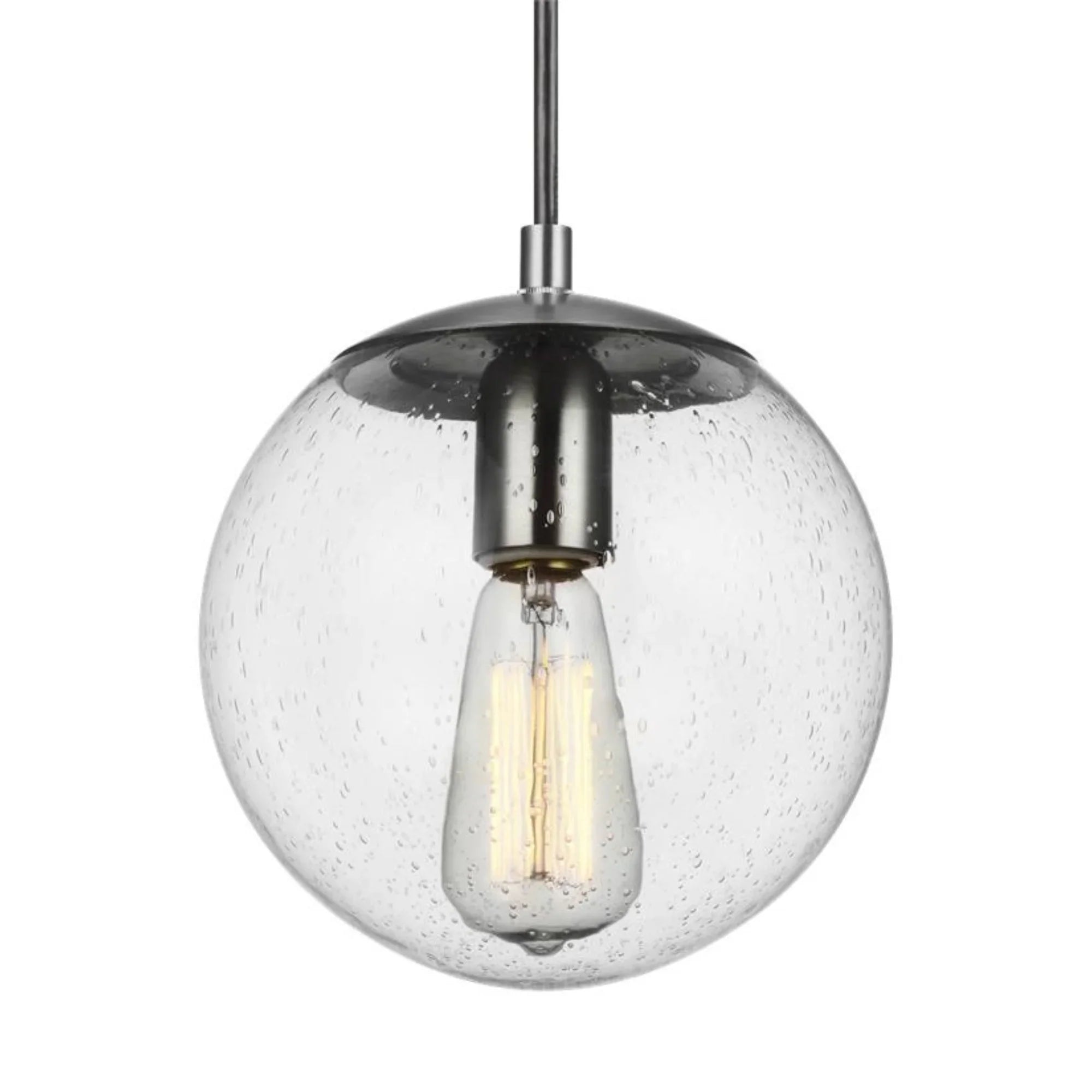 Leo Hanging Globe 8" LED Small Pendant, Satin Aluminum Finish with Clear Seeded Glass - Bees Lighting