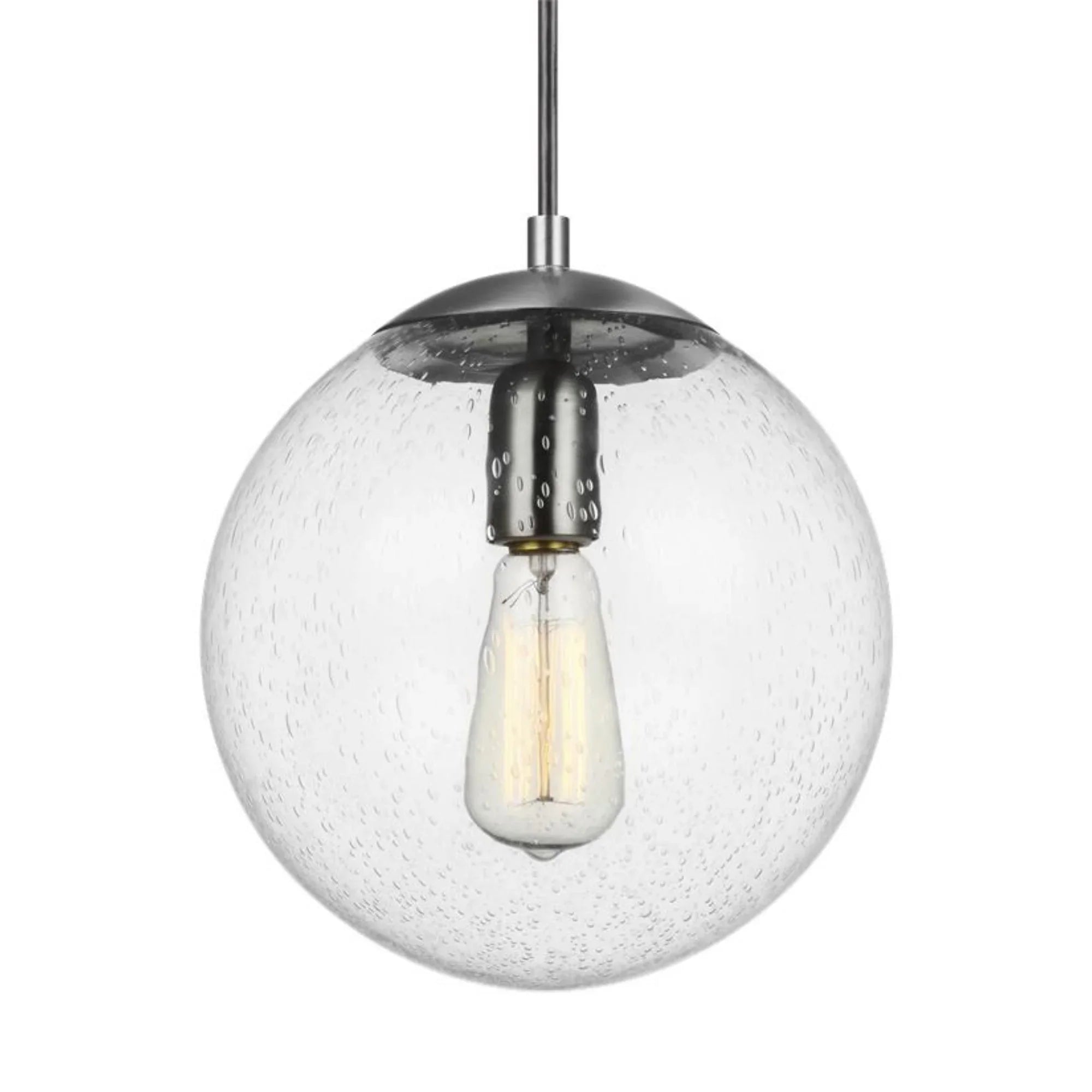 Leo Hanging Globe 10" LED Medium Pendant, Satin Aluminum Finish with Clear Seeded Glass - Bees Lighting