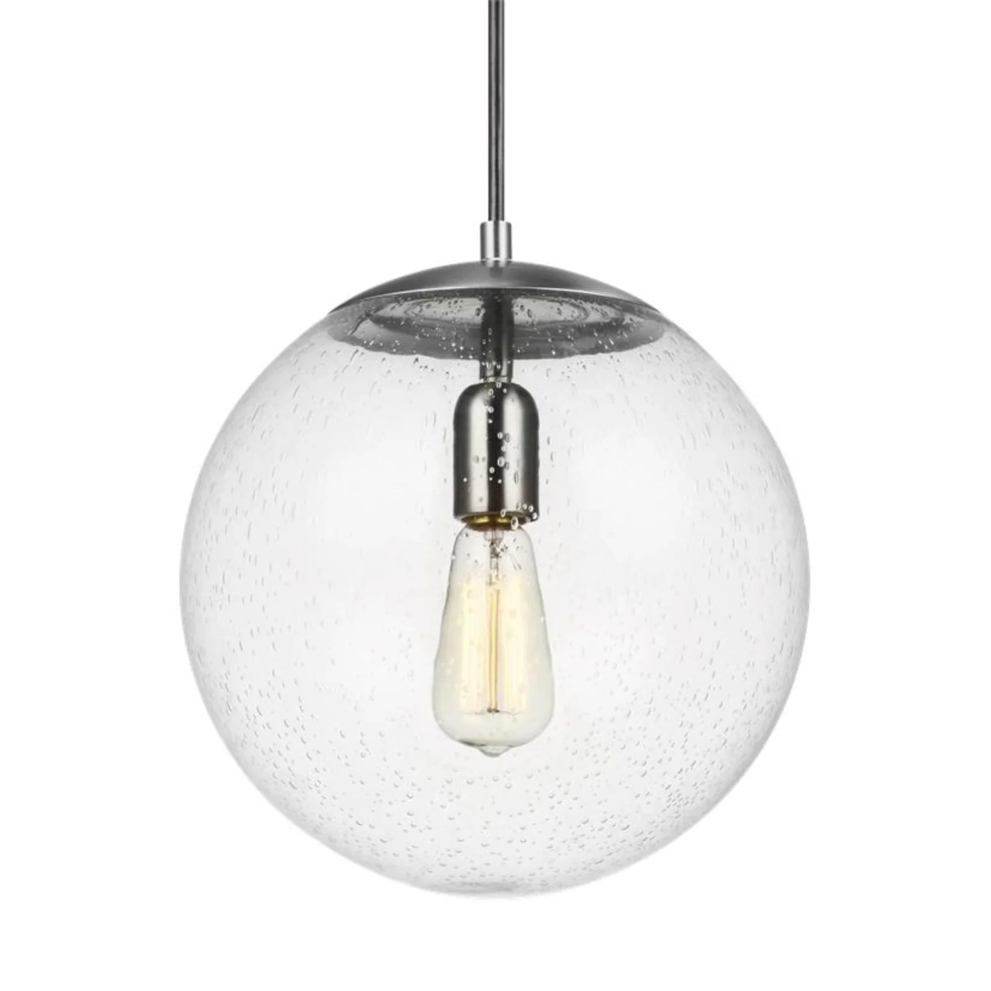 Leo Hanging Globe 12" LED Large Pendant, Satin Aluminum Finish with Clear Seeded Glass - Bees Lighting