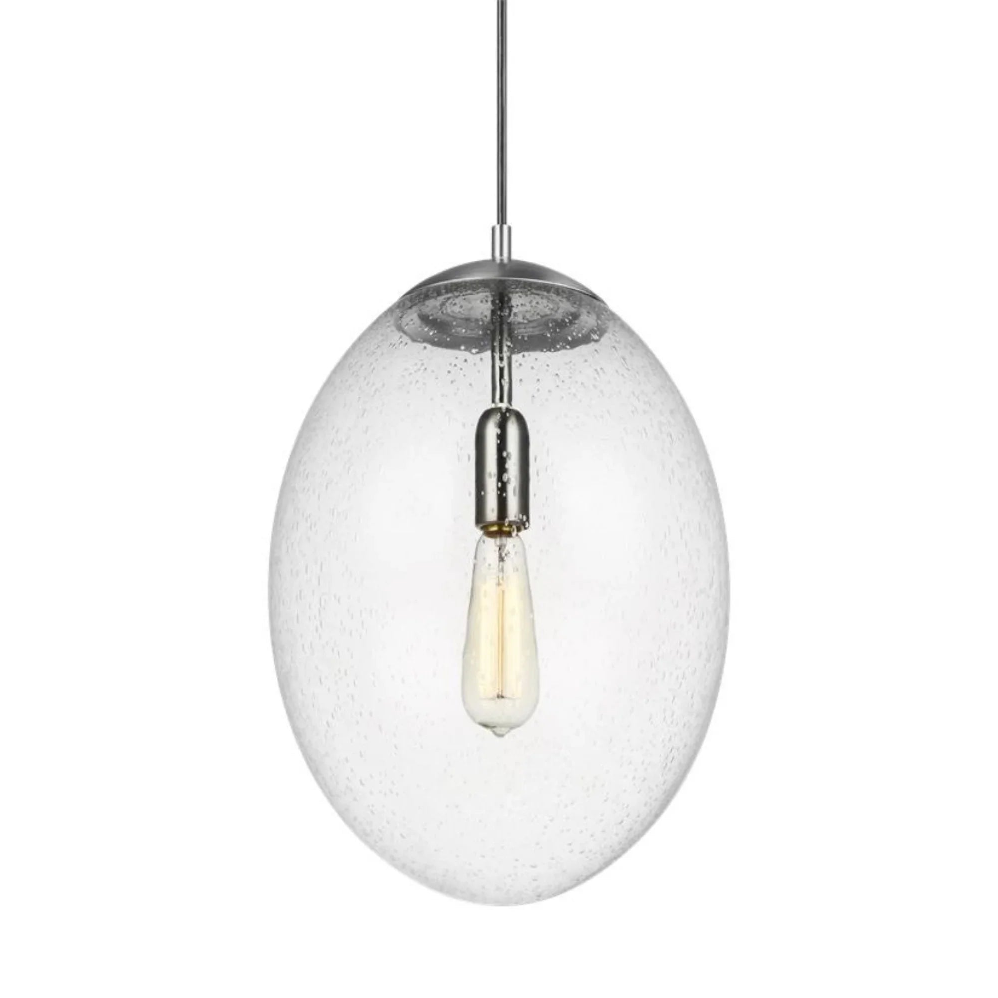 Leo Hanging Globe 14" LED X-Large Pendant, Satin Aluminum Finish with Clear Seeded Glass - Bees Lighting