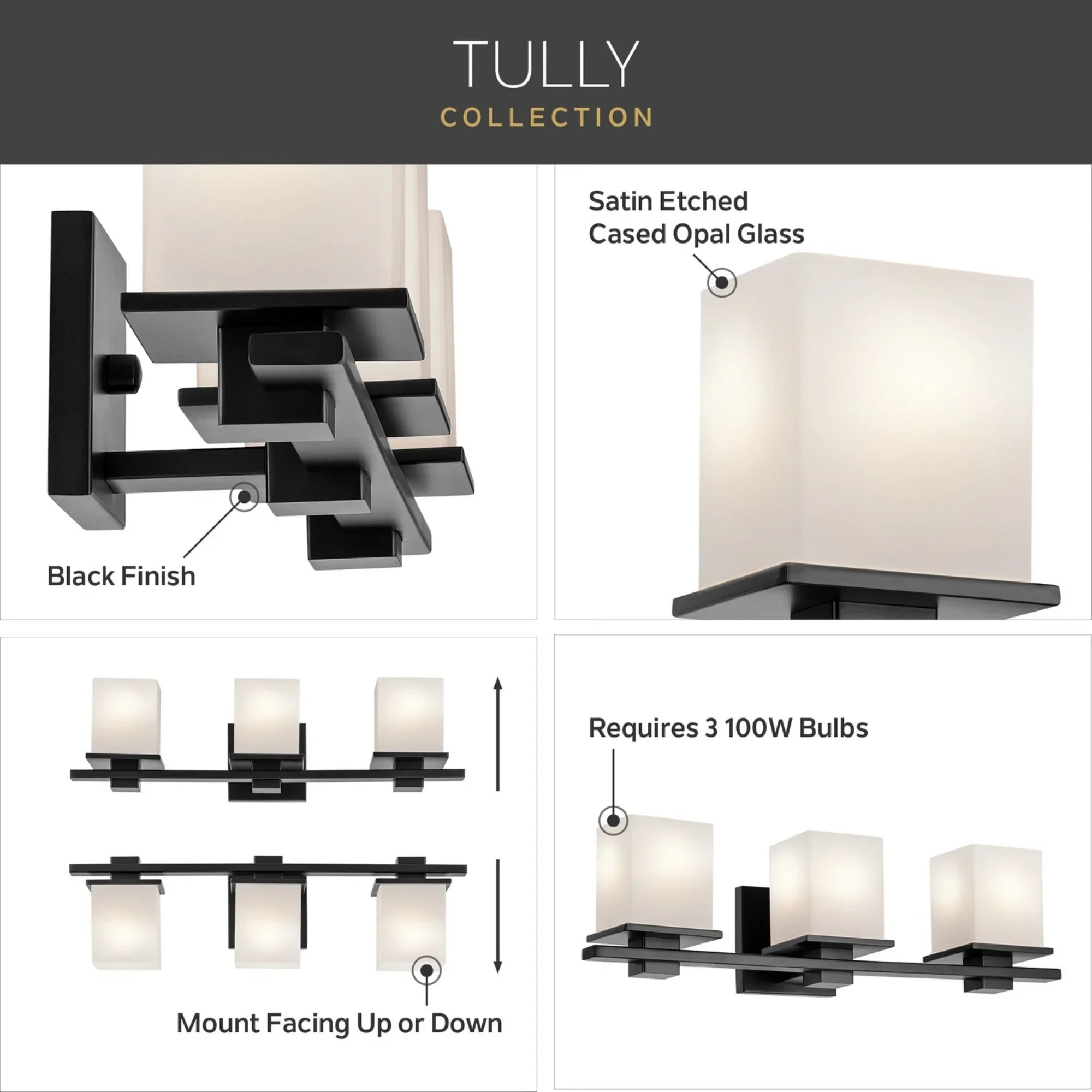 Tully 24" 3-Light Bath Vanity Light, Black Finish - Bees Lighting