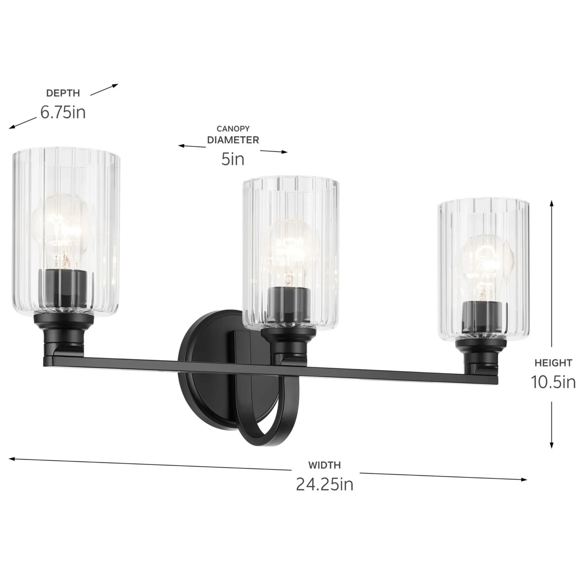 Gioe 24" 3-Light Bath Vanity Light, Black Finish Fluted Glass - Bees Lighting