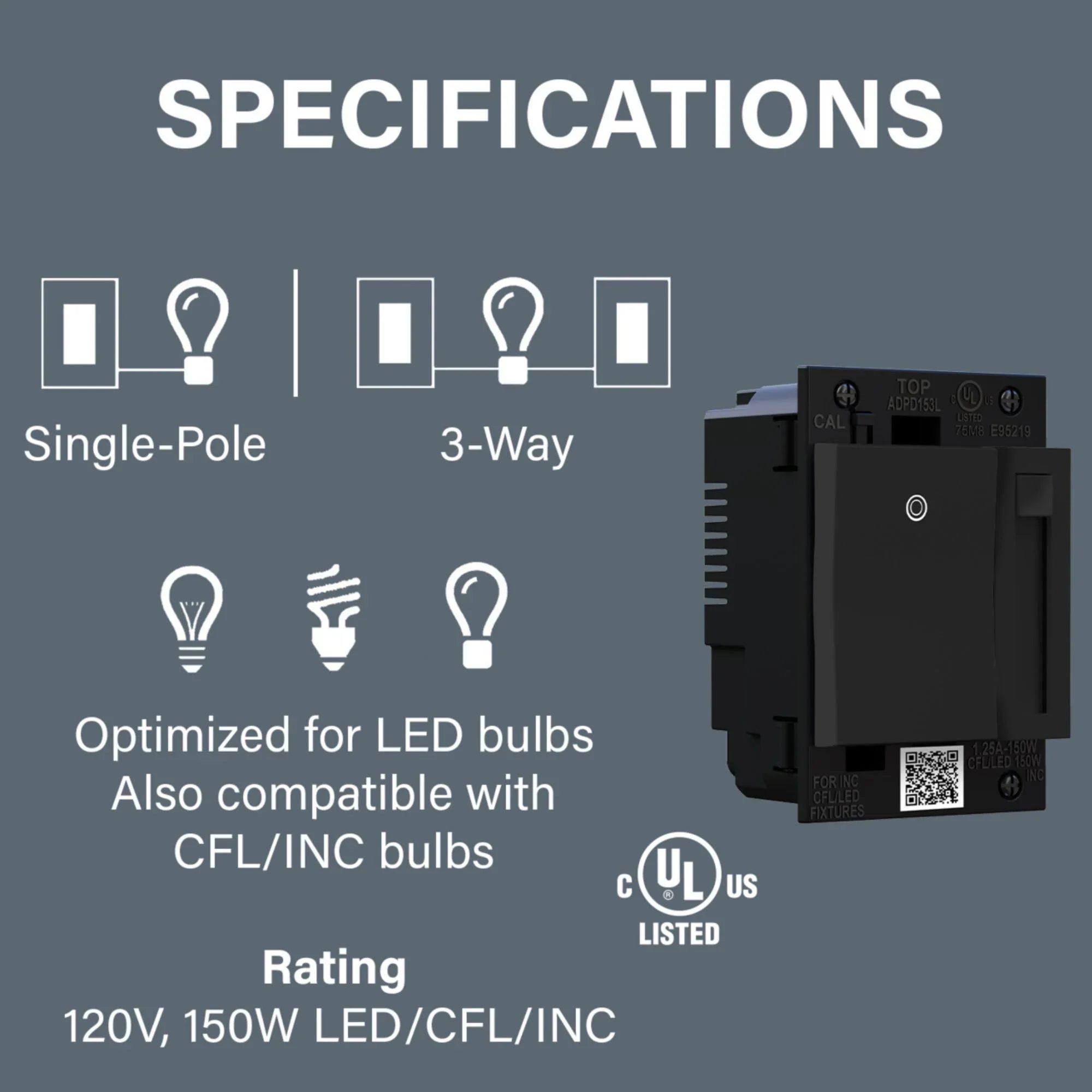 adorne Paddle LED Advanced Dimmer, 150-Watt LED, Single Pole/3-Way, Graphite - Bees Lighting